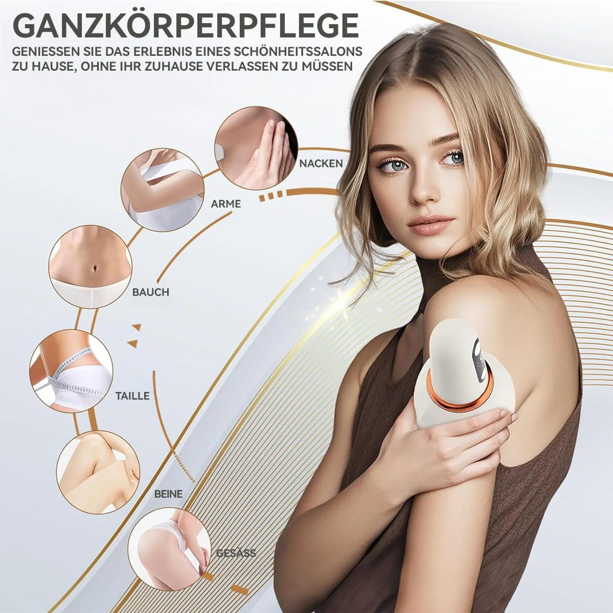 Frau mit Schönheitsgerät für Körperpflege, zeigt Arme, Bauch, Taille, Beine, Gesäß, Nacken.