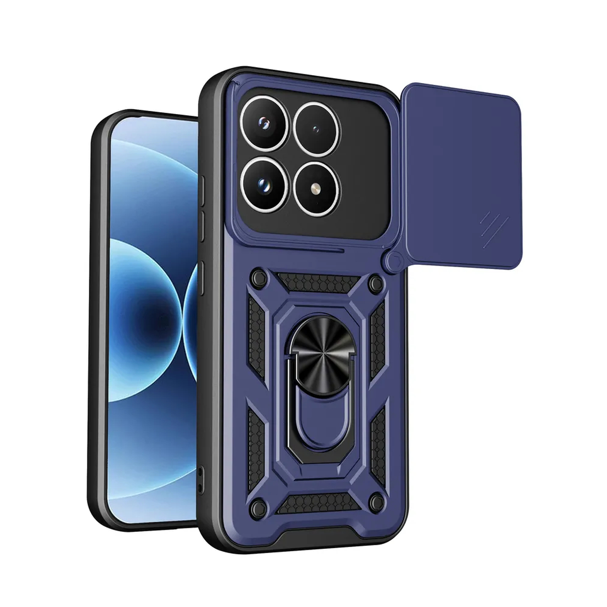 Donkerblauwe telefoonhoes met ringhouder en schuifbare cameralensdeksel.