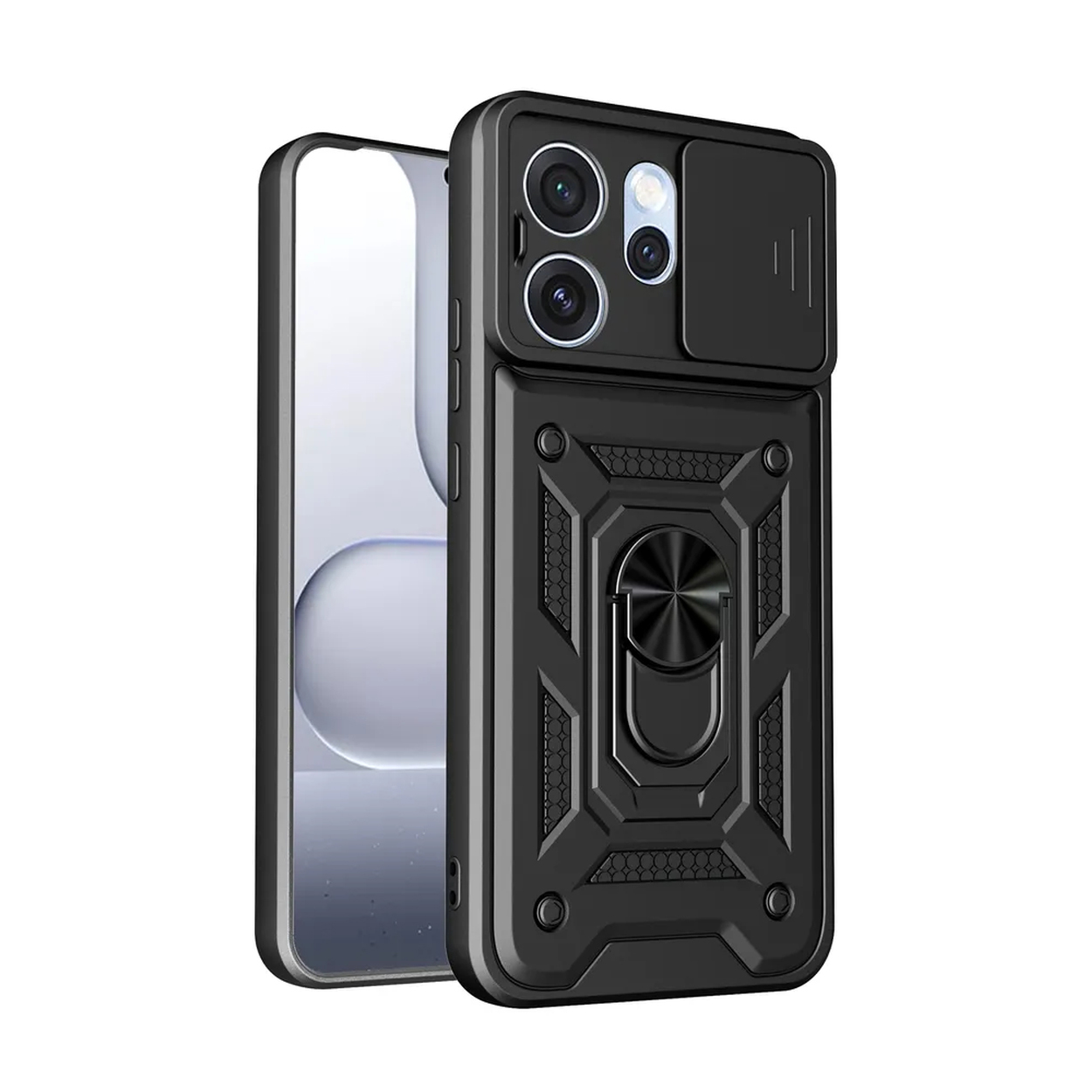 Coque noire pour téléphone avec curseur de protection caméra et support anneau.