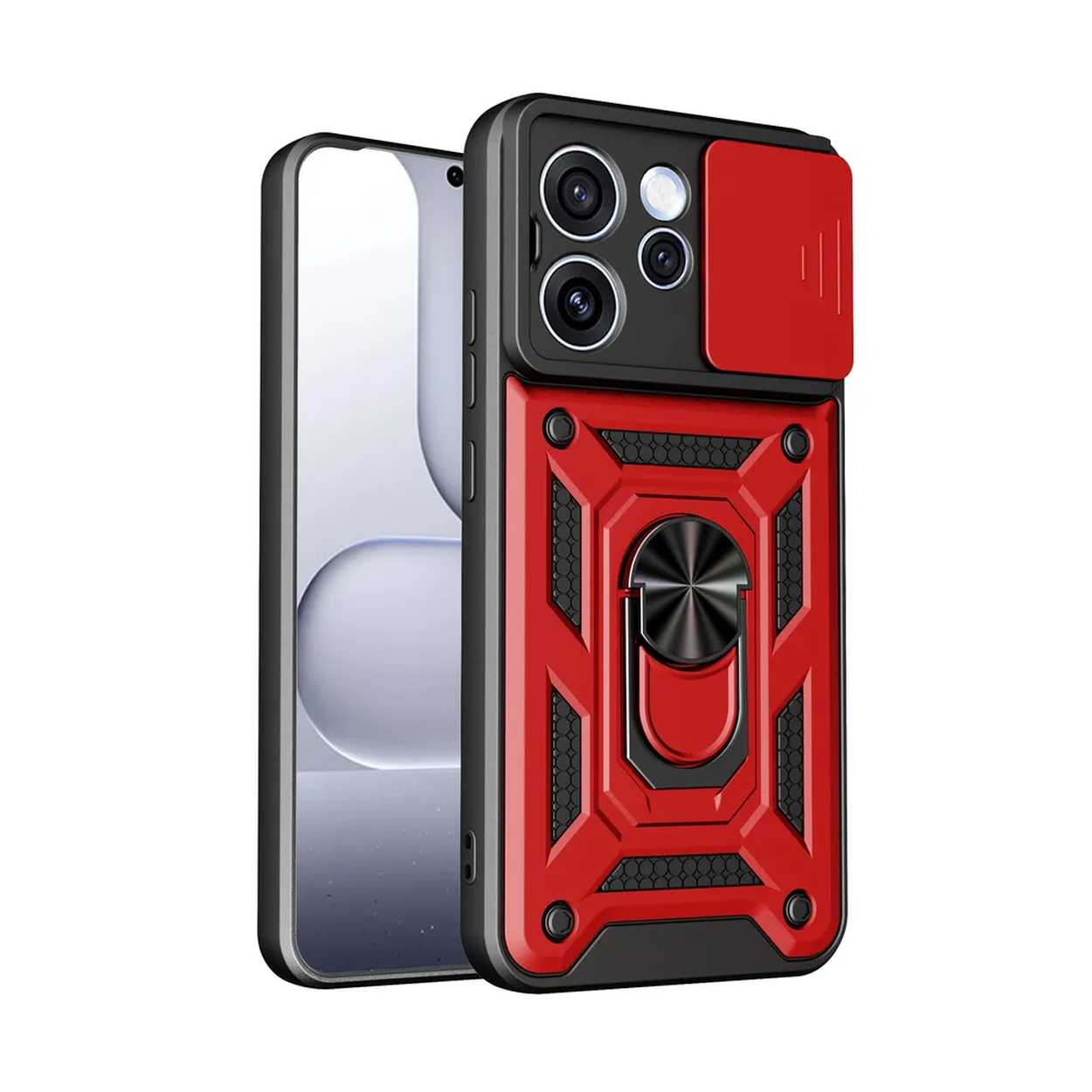 Rode telefoonhoes met zwarte ringhouder en camerashuif.
