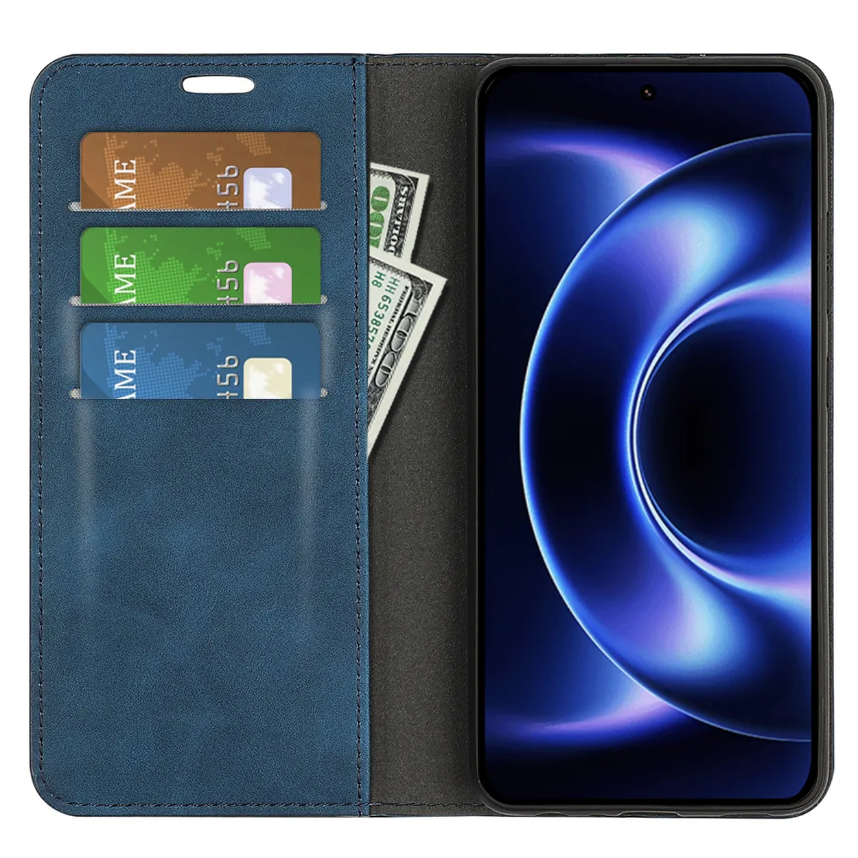 Blauw portemonnee-hoesje met drie kaarten en contant geld, met een smartphone met abstract blauw scherm.