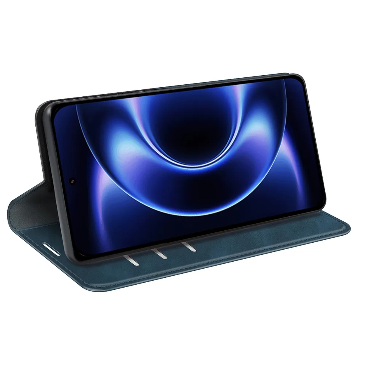 Een smartphone in een blauwe hoes, met een blauw abstracte achtergrond op het scherm.