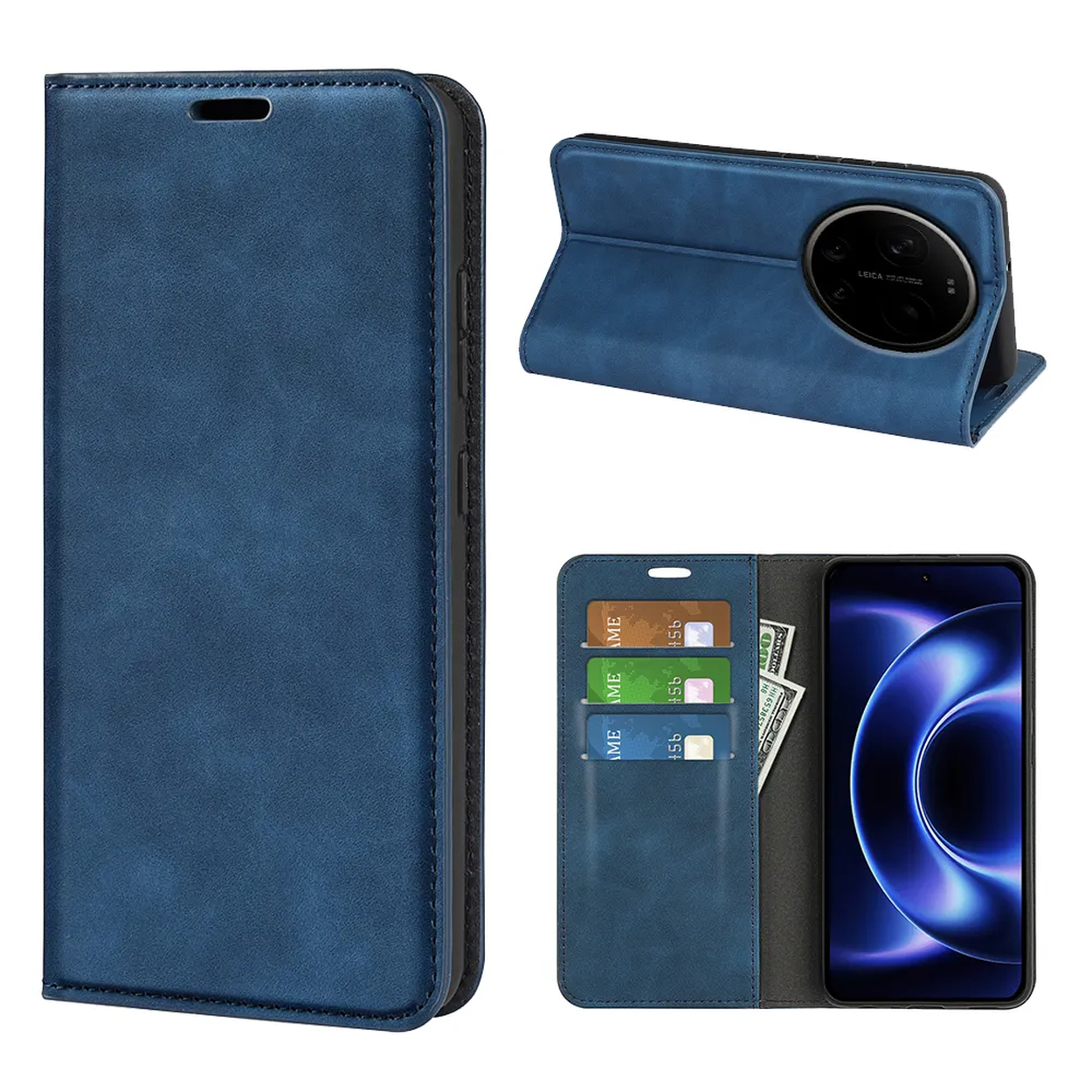 Blauw lederen telefoonhoesje met kaarthouders en standaardfunctie. Toont telefoon.