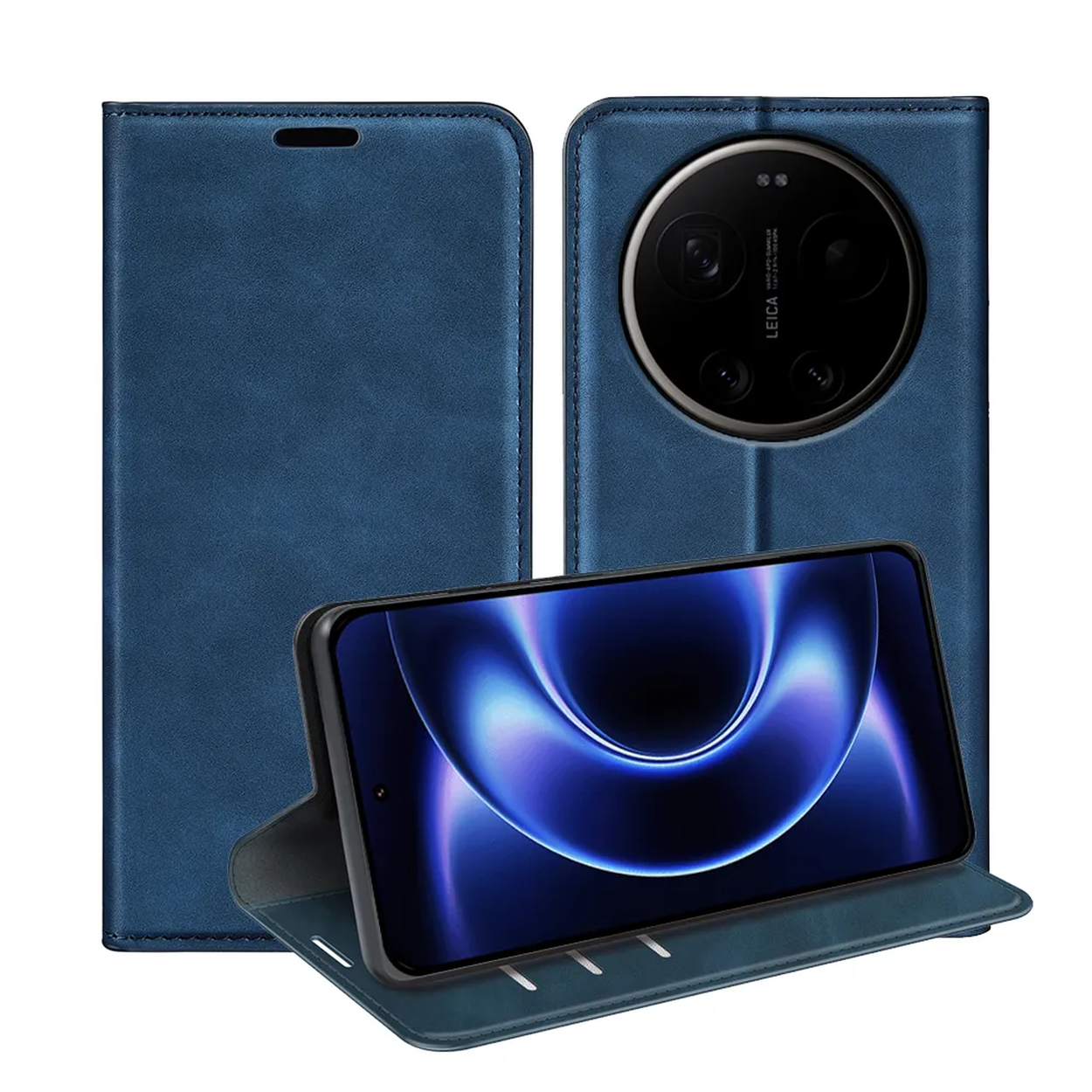 Een blauwe leren telefoonhoes en een smartphone met een abstract blauw scherm.