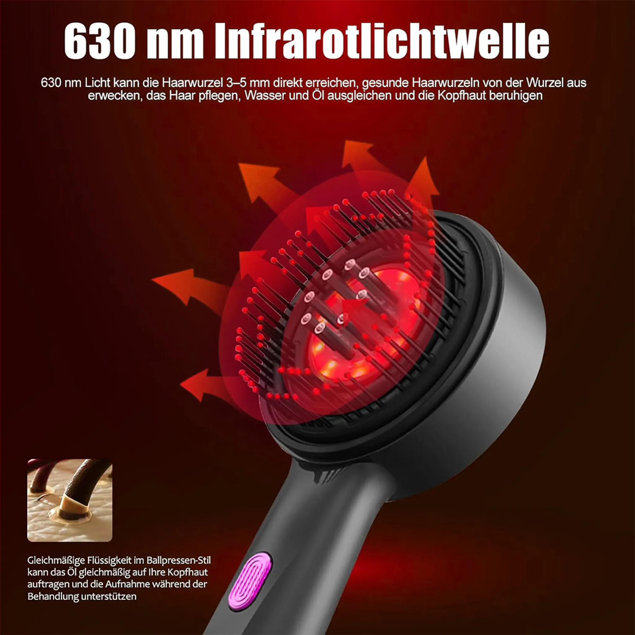 Haarkamm mit rotem Infrarotlicht und Pfeilen, die Wärme symbolisieren.