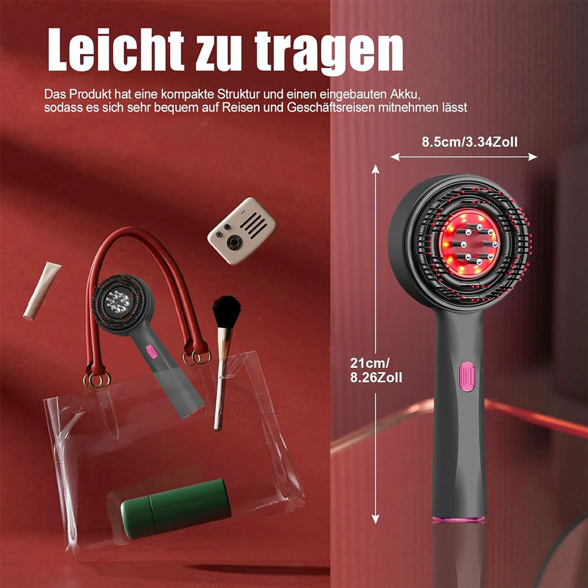 Ein kompakter, tragbarer Haartrockner mit roten LEDs und Zubehör.
