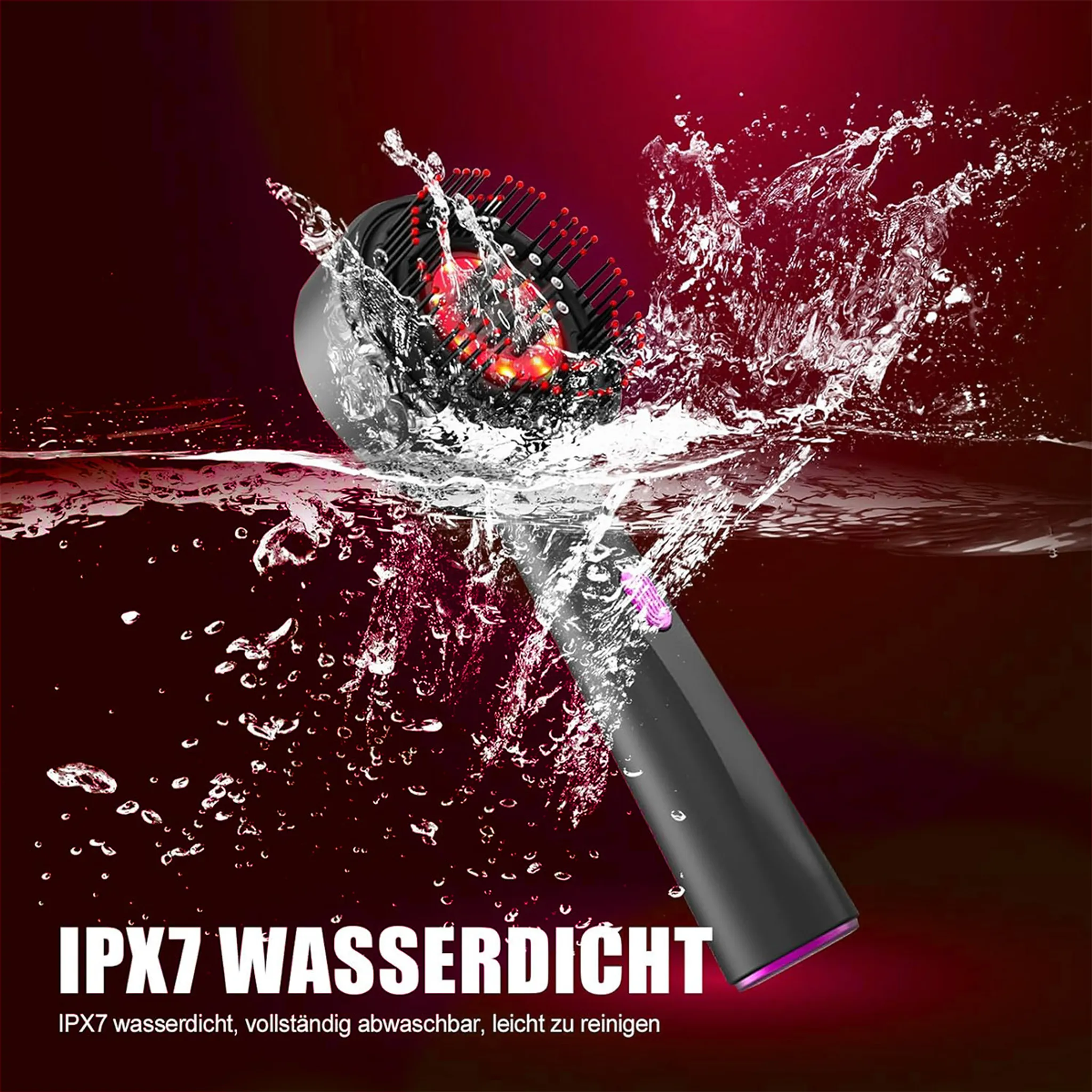Ein schwarzer Haartrockner mit roten Borsten taucht in Wasser ein, umgeben von Spritzern.