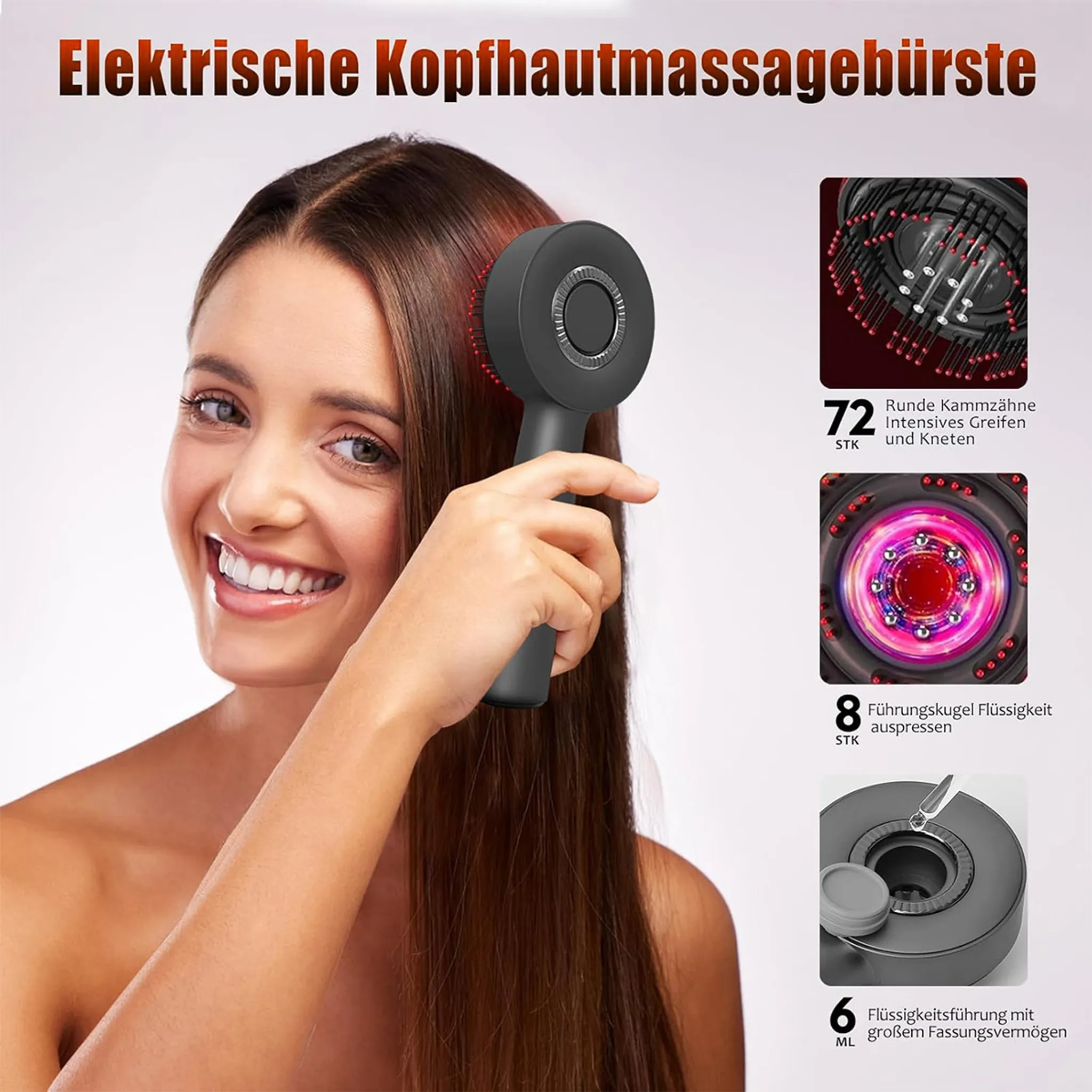 Frau mit elektrischer Kopfhautmassagebürste, mit Details zu Funktionen.