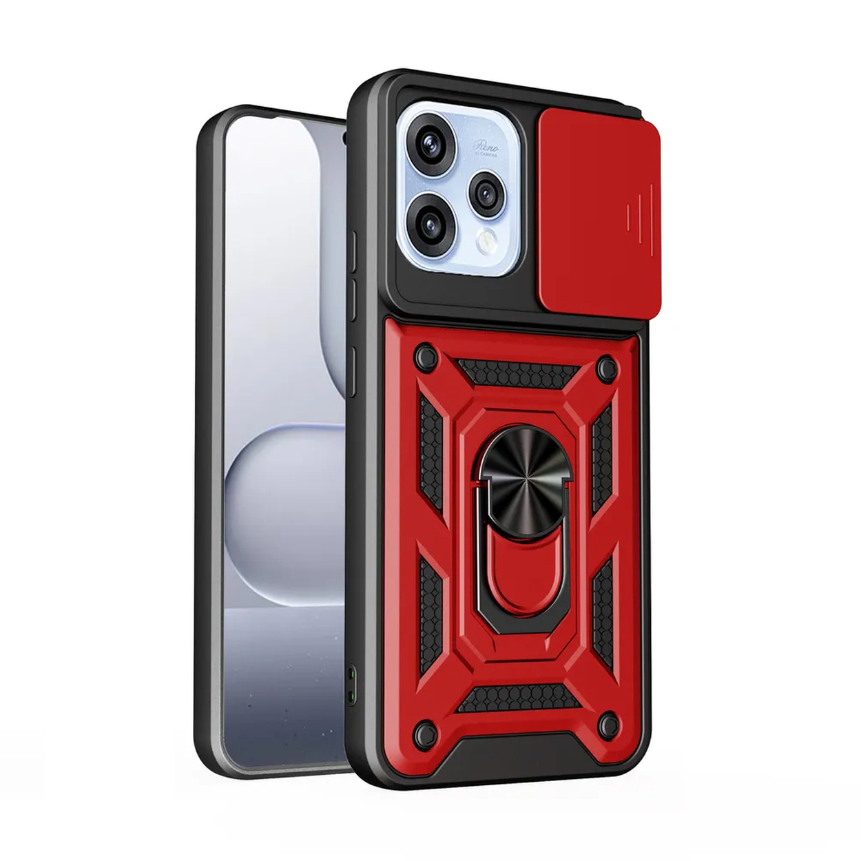 Une coque de téléphone rouge et noire avec support bague et cache caméra.