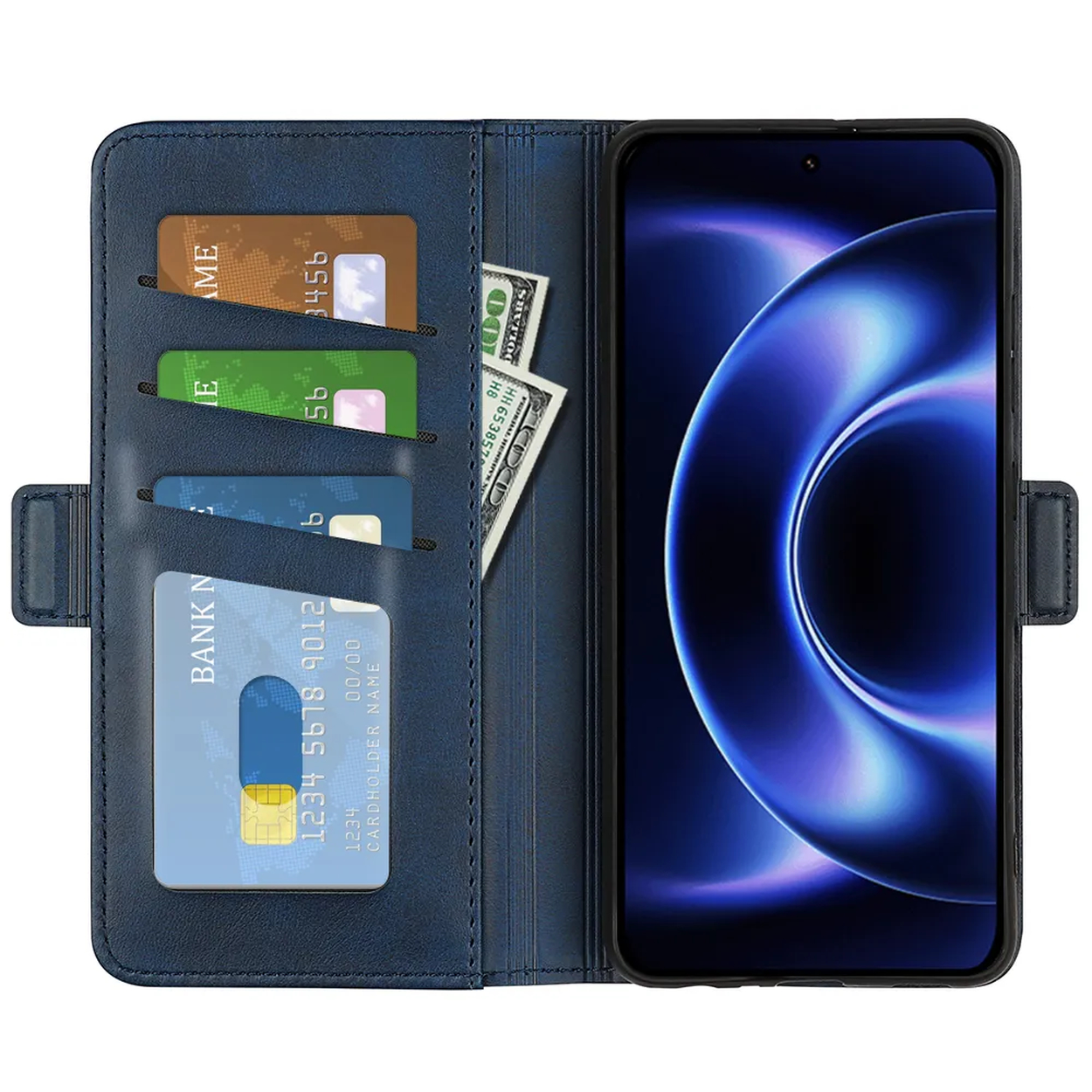 Blauwe portemonnee met telefoon, kaarten en biljetten.