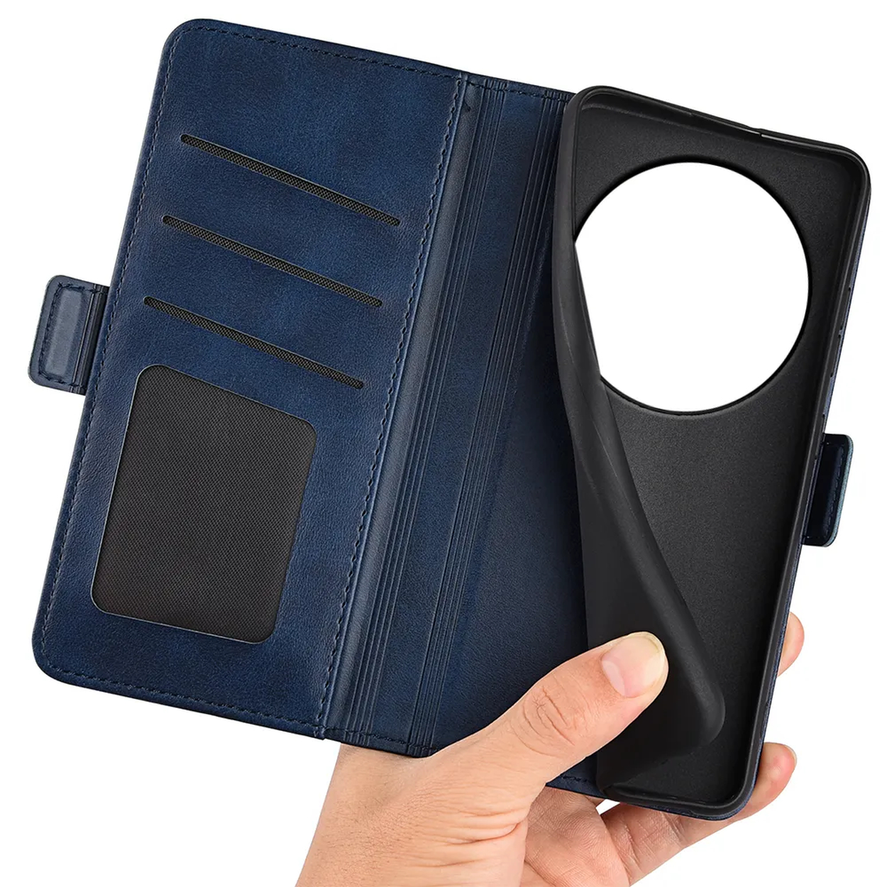 Blauw telefoonhoesje met kaartsleuven en camerauitsparing.