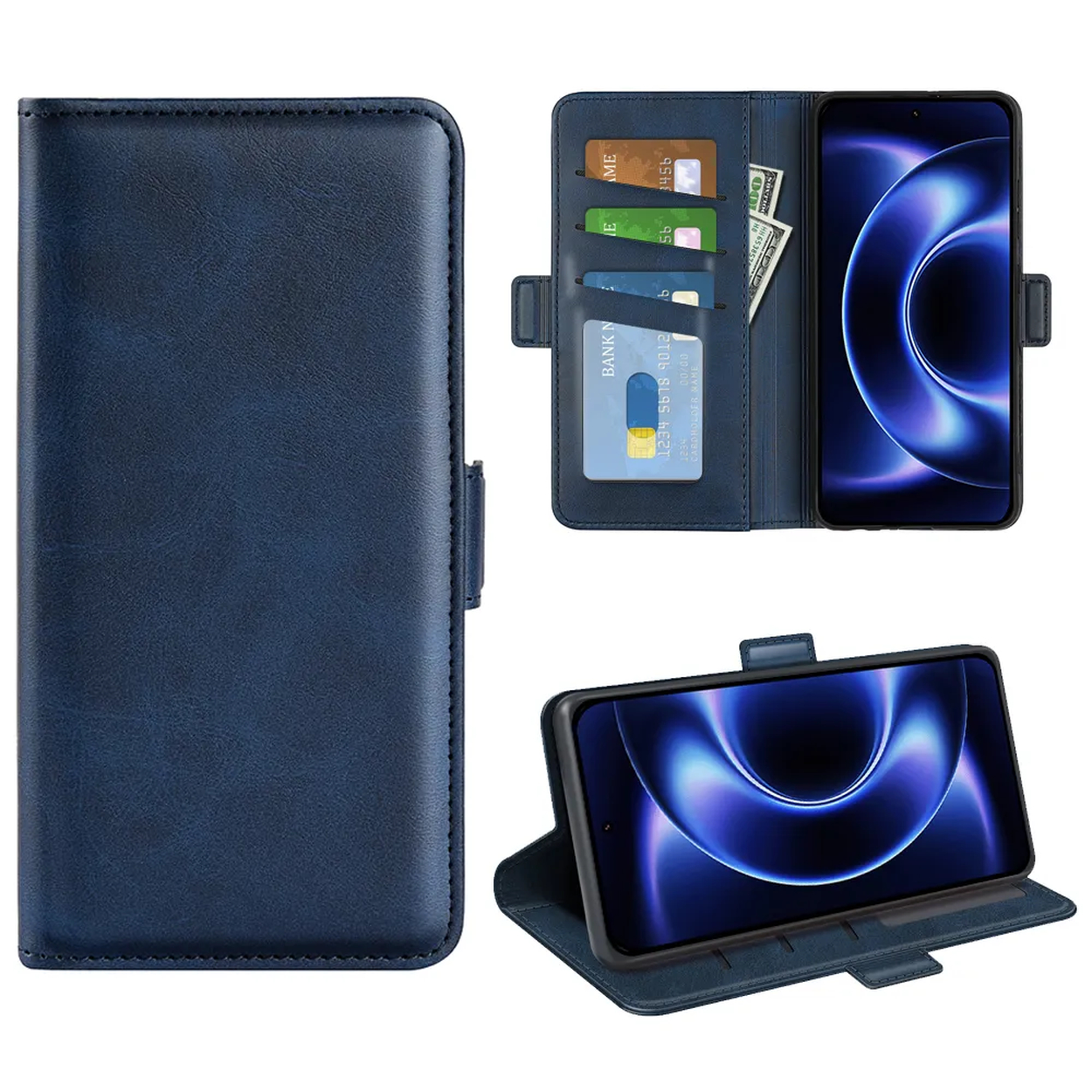 Blauw lederen portemonneehoes voor telefoon, met kaarten, contant geld en telefoonscherm.