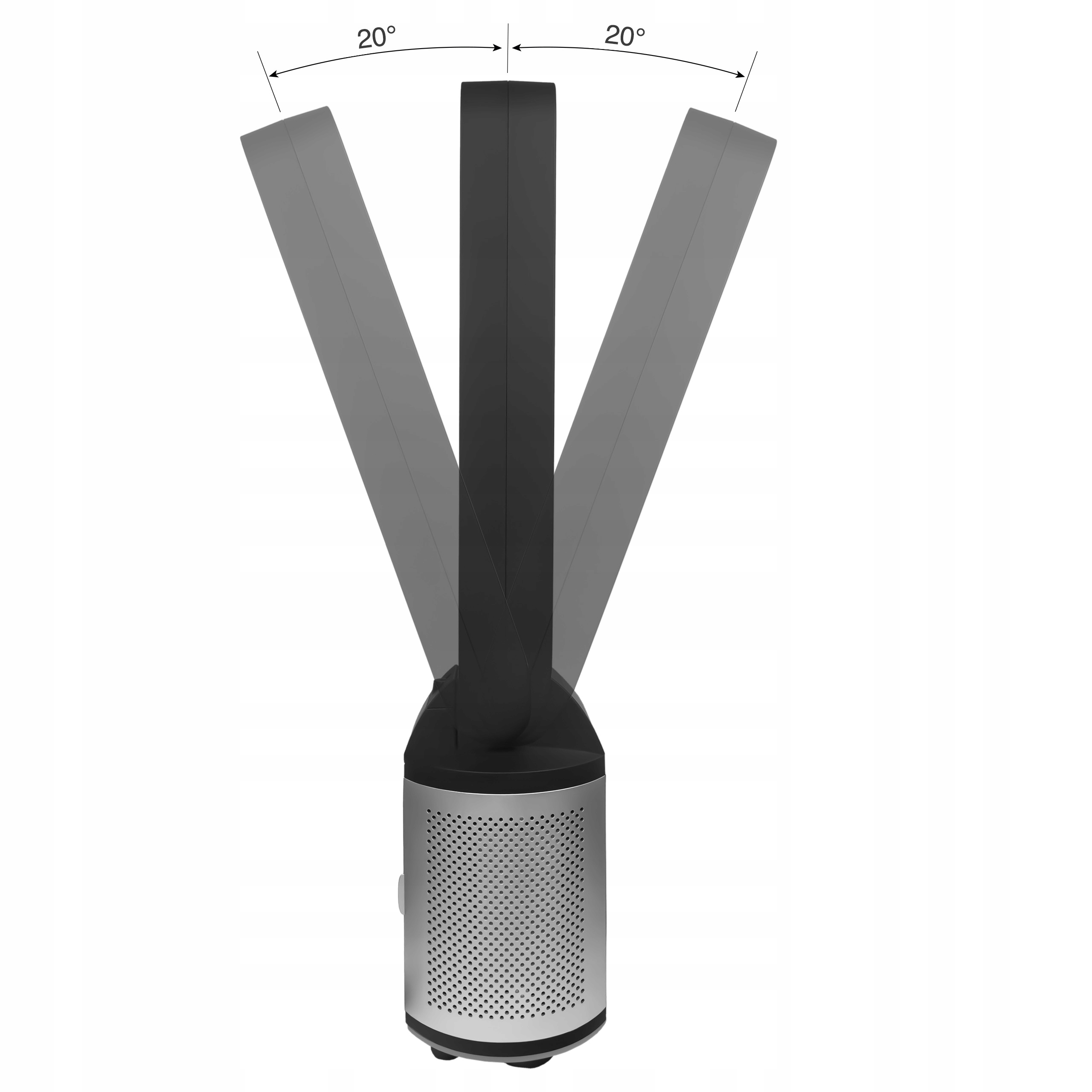 Ein schwarzer Turmventilator mit silbernem Sockel, der sich um 20 Grad dreht.