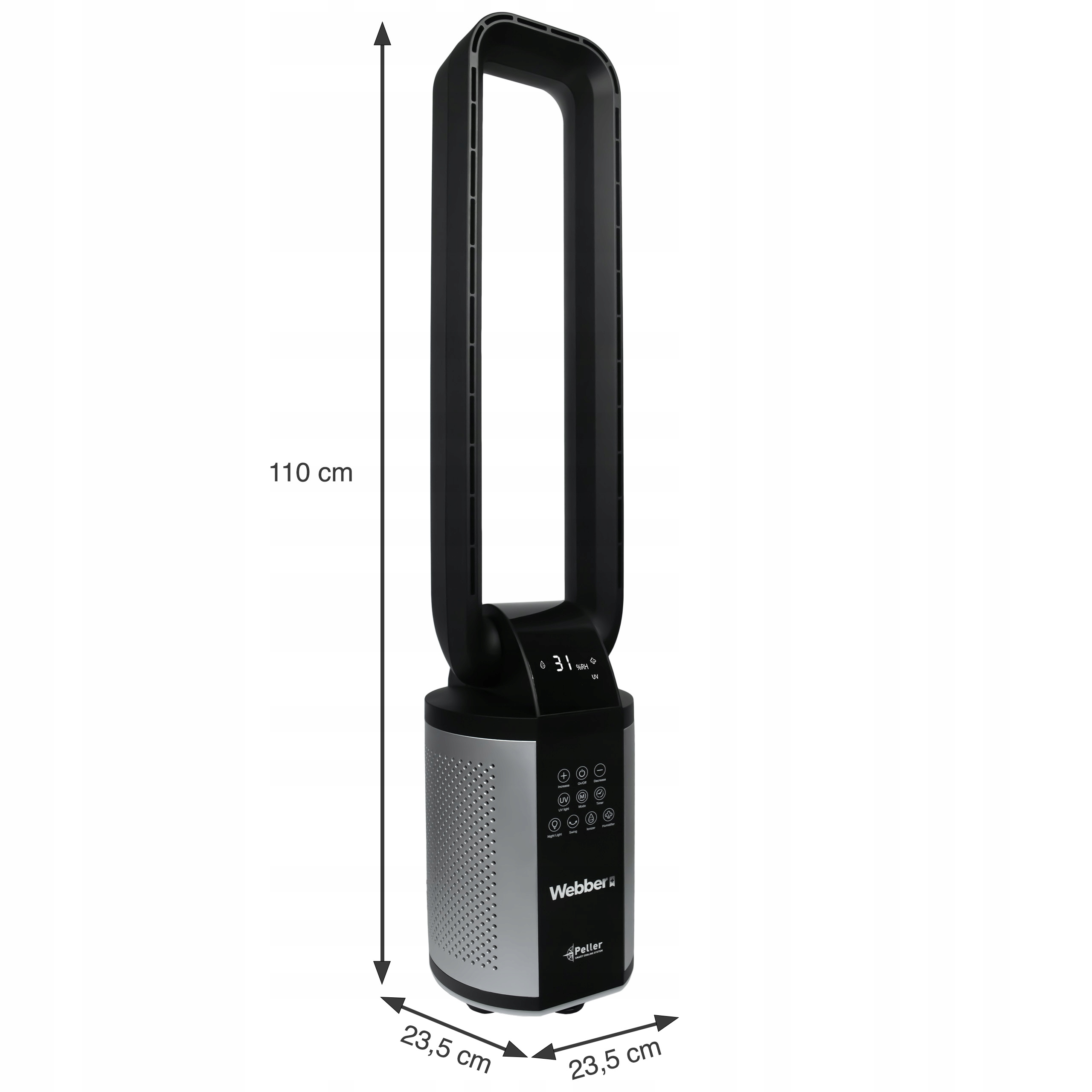 Ein 110 cm hoher, silberner Turmventilator mit schwarzem oberen Teil und Display.