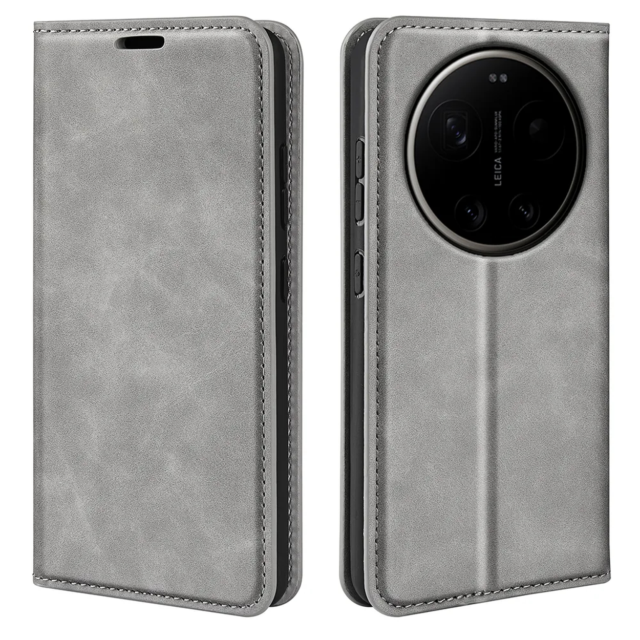 Grijze flip telefoonhoes met camera-uitsparing en stiksels op witte achtergrond.