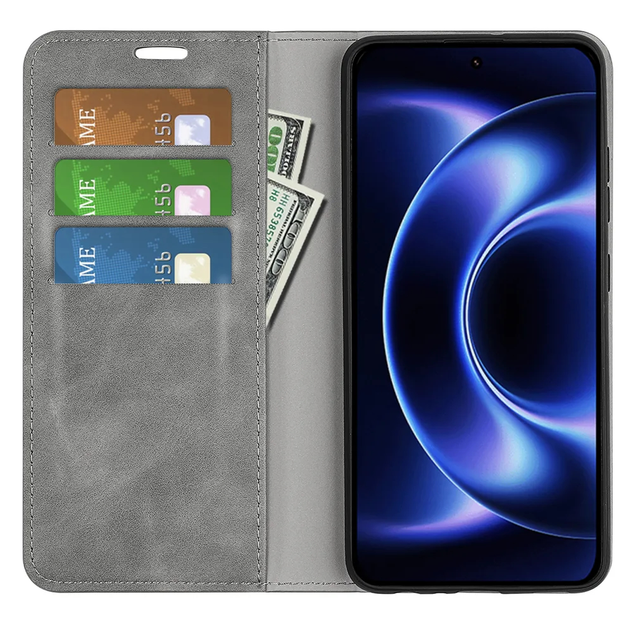 Grijze portemonneehoes open, toont telefoon met blauw abstract scherm, creditcards en contant geld.