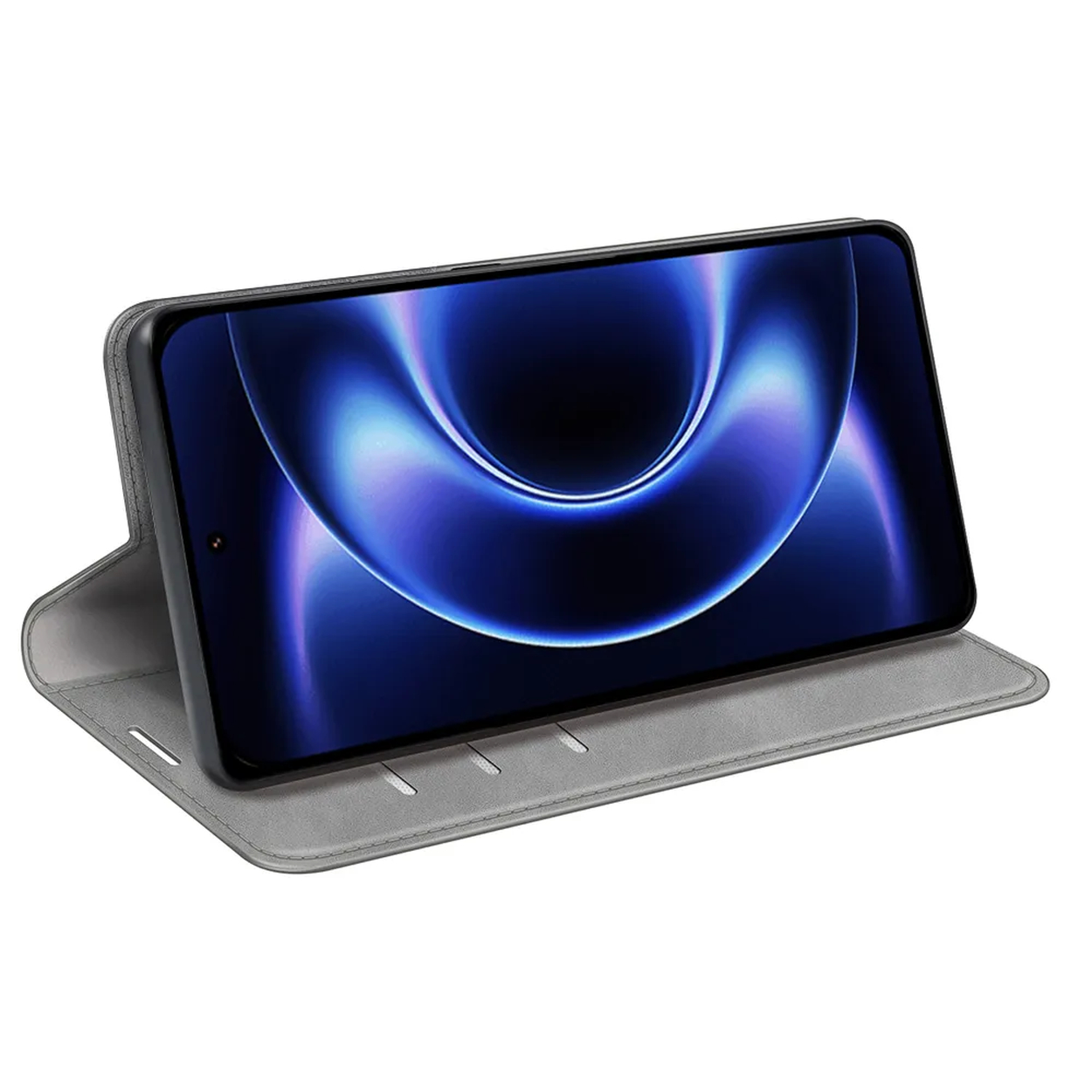 Een grijze flip telefoonhoes met een smartphone die een blauwe, wervelende achtergrond toont.