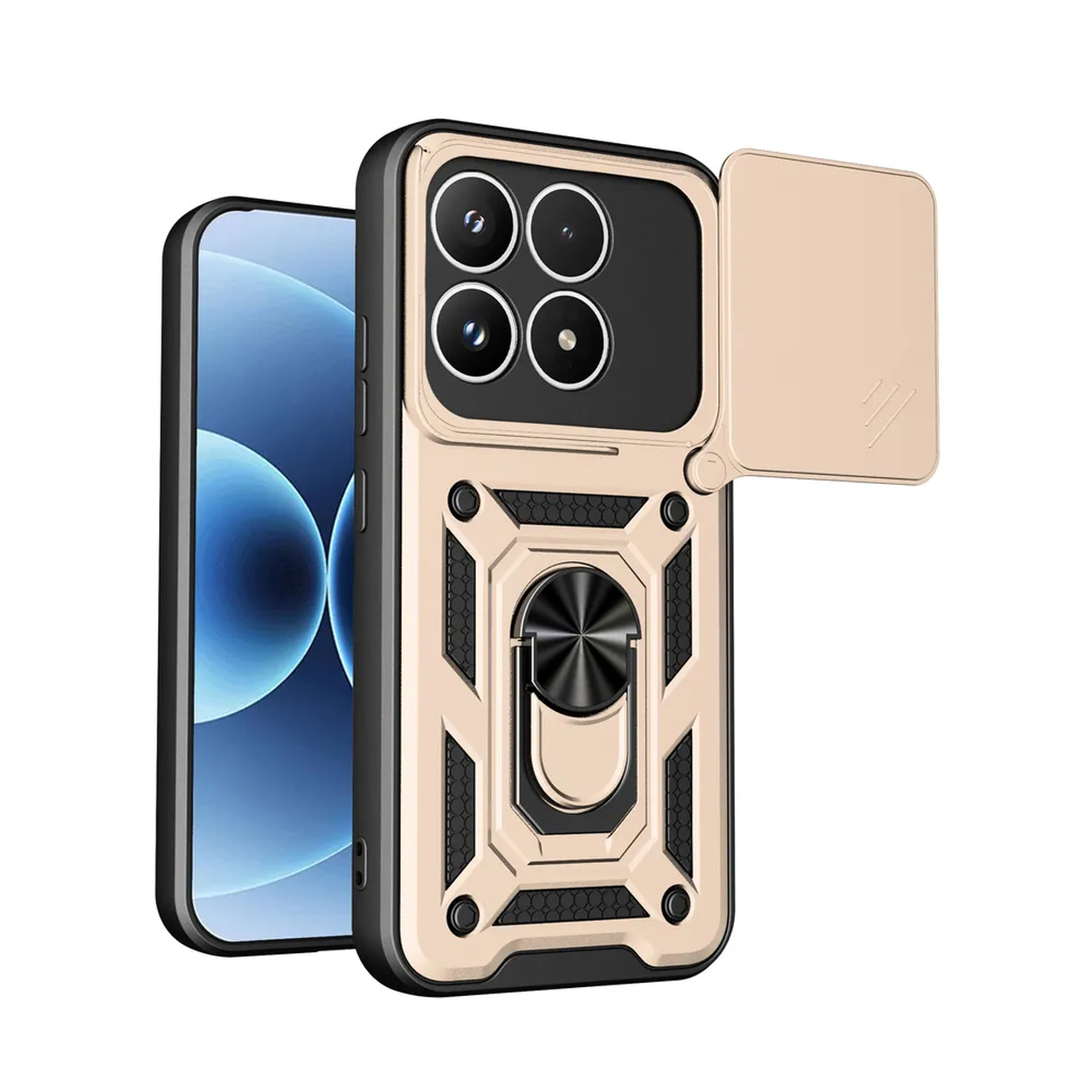 Gouden telefoonhoesje met camerabedekking en ringstandaard op een telefoon.