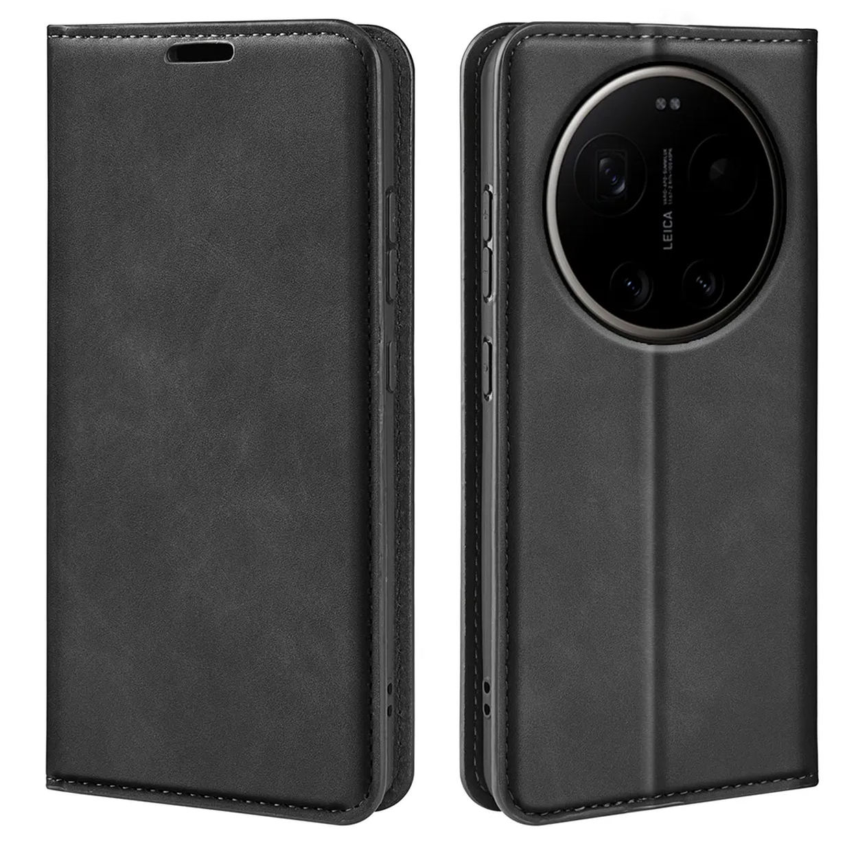 Zwarte flipcase voor smartphone, met camera-uitsparing en Leica-logo.