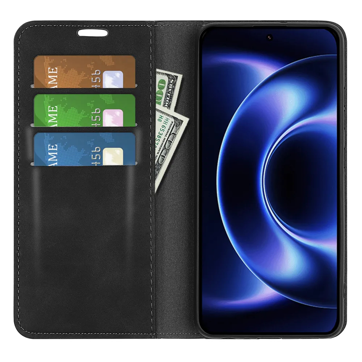Zwarte telefoonhoes met drie kaartsleuven en bankbiljetten, naast een smartphone.