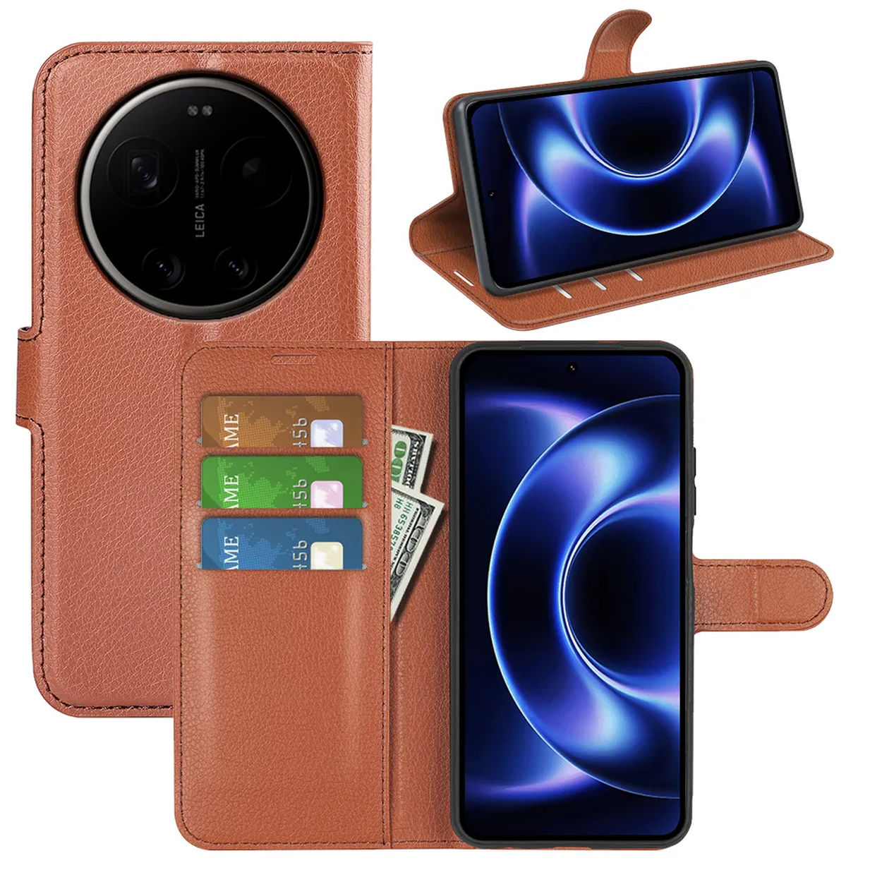 Étui de téléphone en cuir marron avec fentes pour cartes, argent et un téléphone affichant un fond d'écran abstrait bleu.