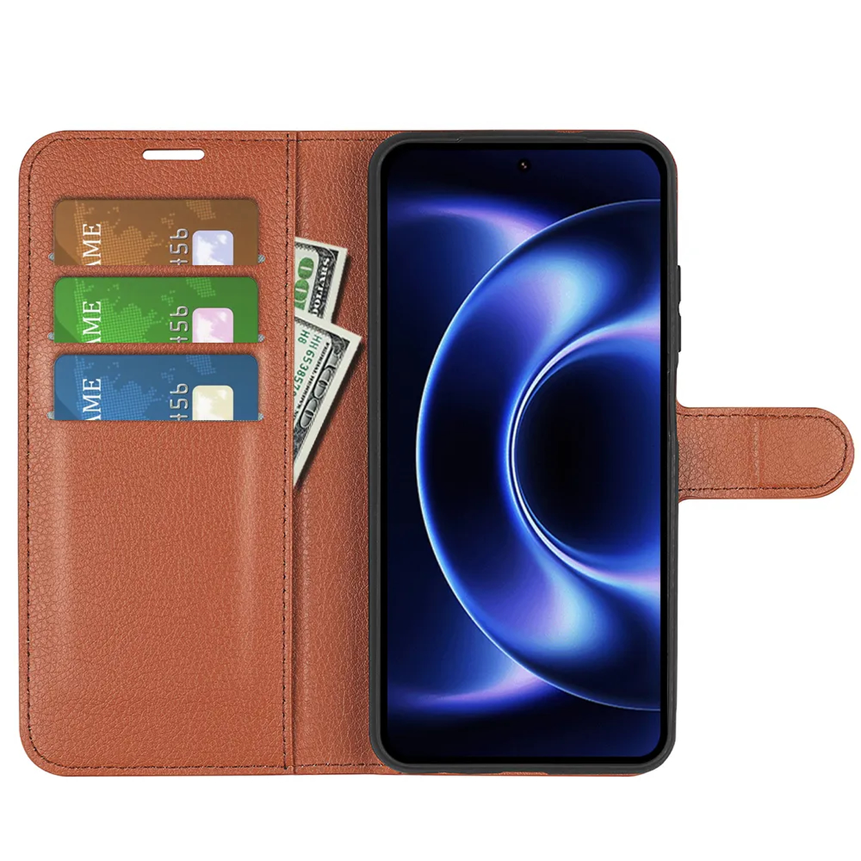 Étui portefeuille en cuir marron avec téléphone, trois cartes et argent.