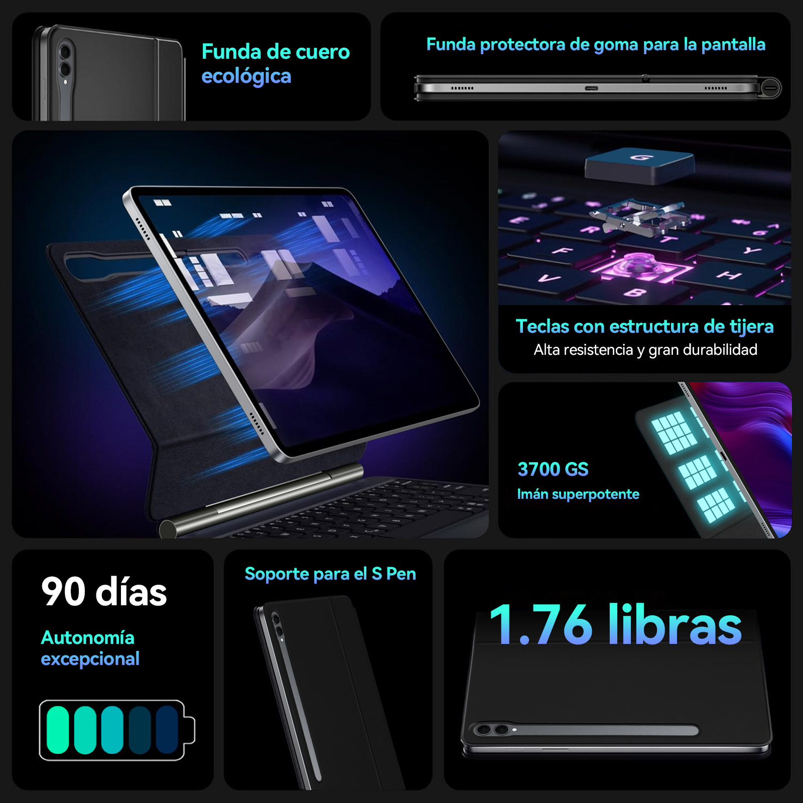 Características del producto: Funda de cuero, protector de pantalla, teclado, imán, batería, soporte, peso.