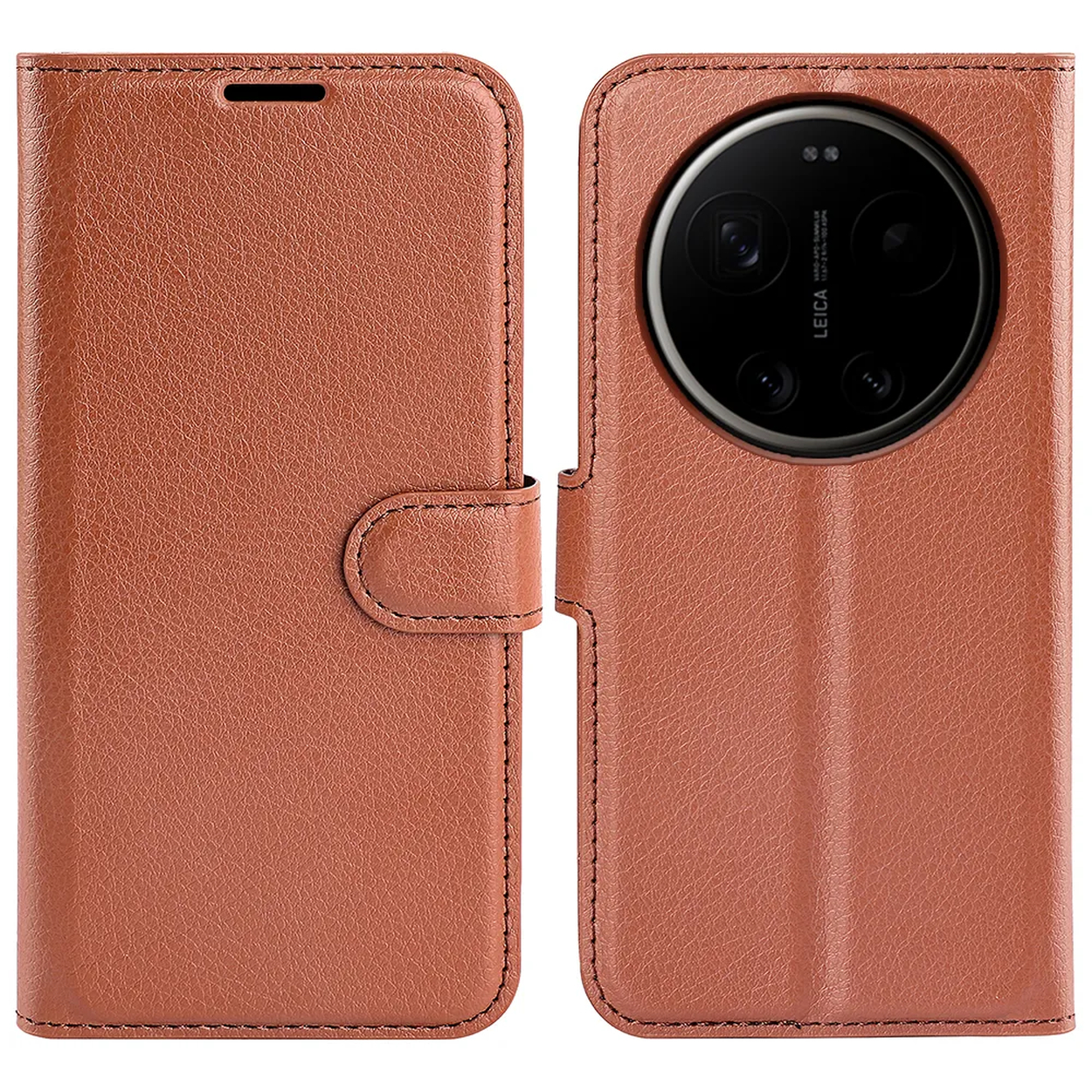 Étui de téléphone en cuir marron avec découpe pour appareil photo. Fermé par une sangle.