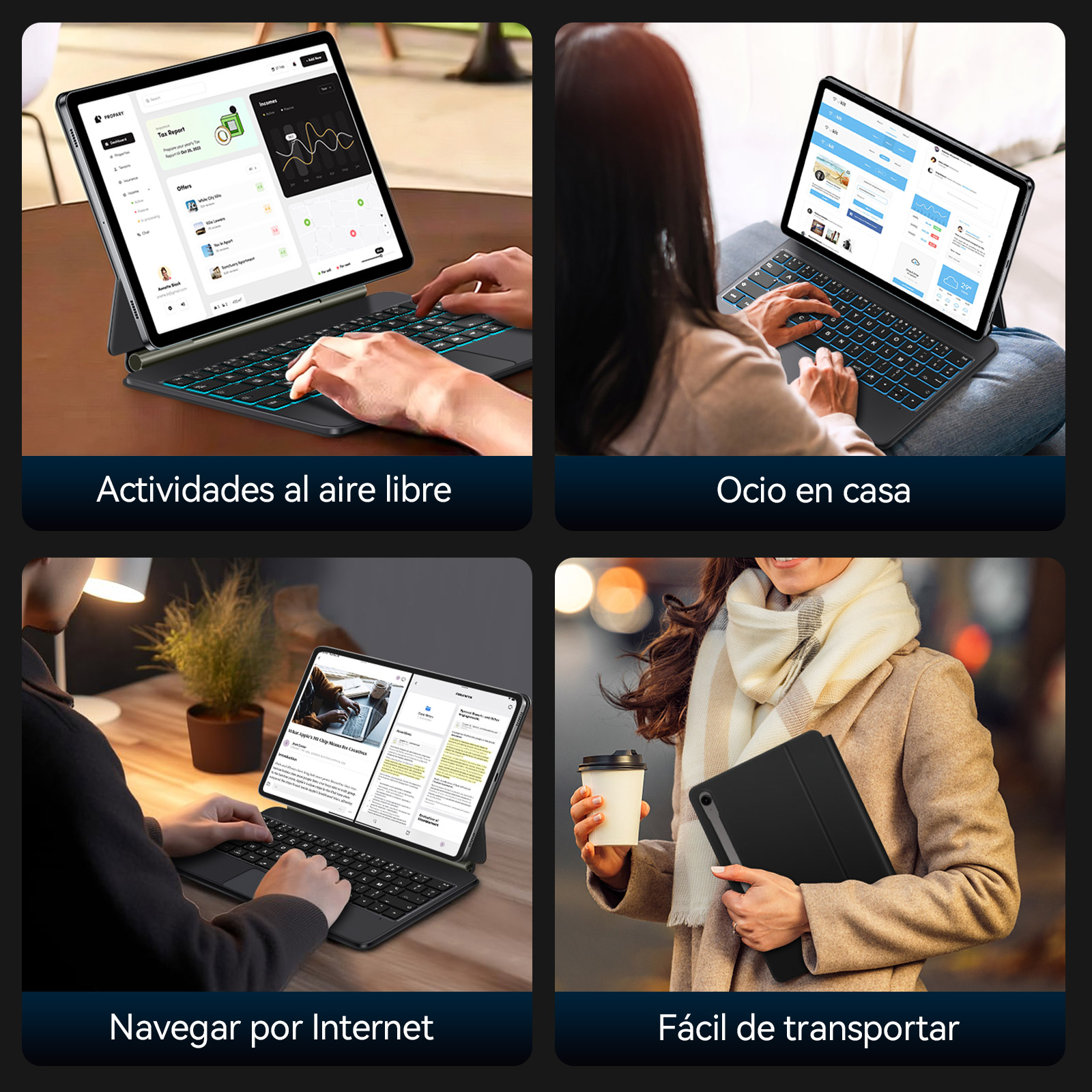 Persona escribe en teclado retroiluminado de tablet al aire libre.