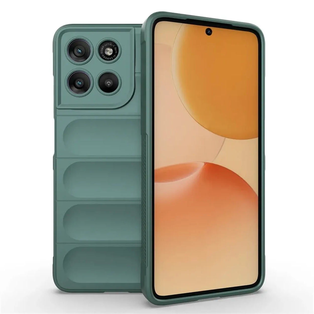 Un smartphone vert sarcelle avec quatre caméras et des nervures horizontales au dos.