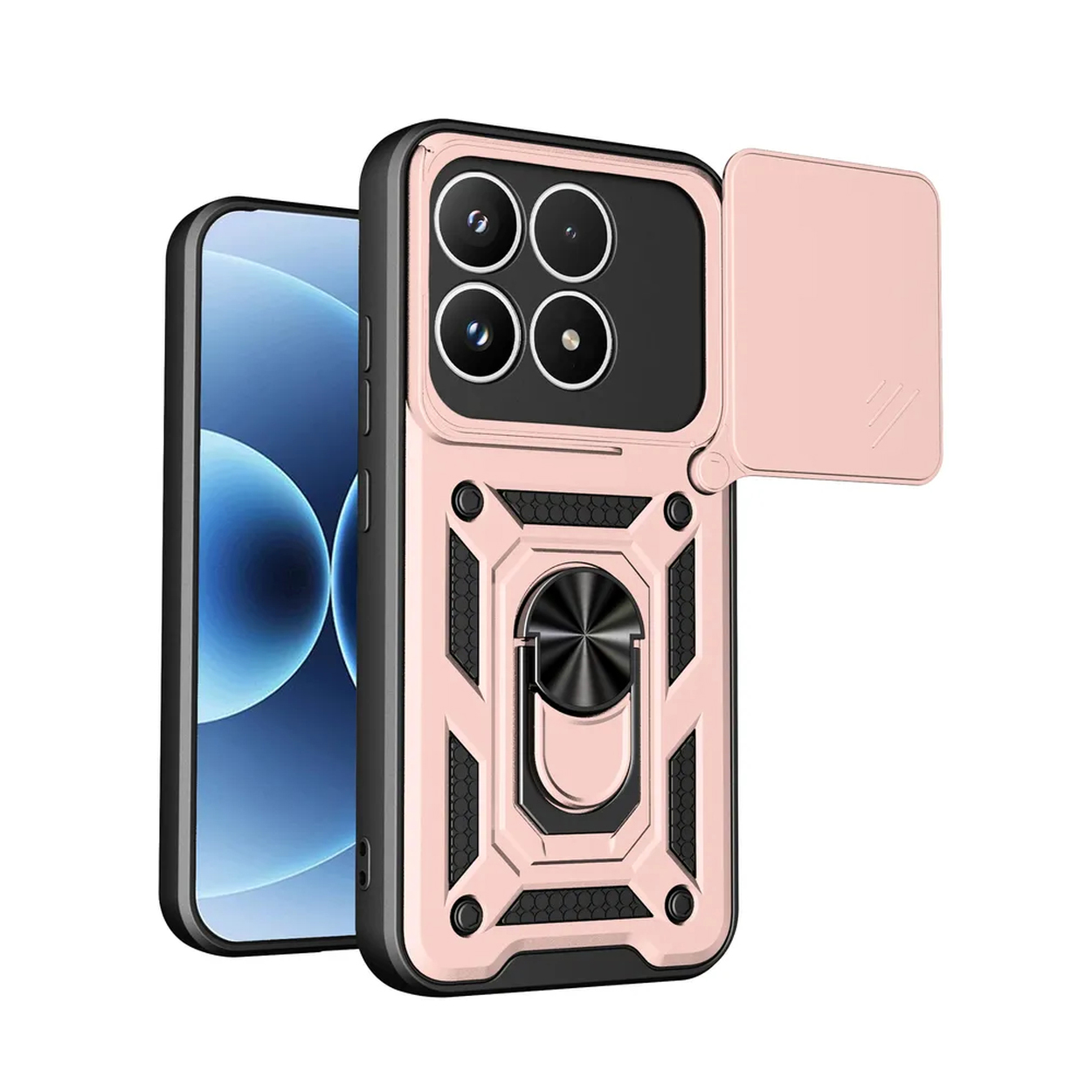 Een roségouden telefoonhoes met vier camera's en een schuifhoes.