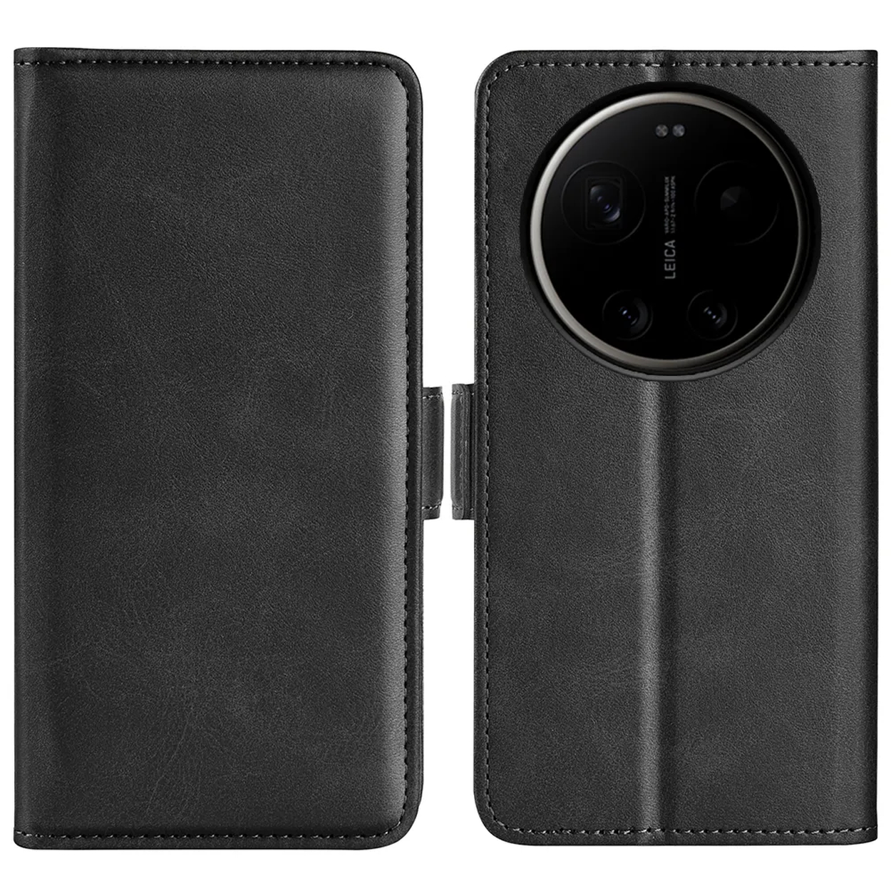 Zwarte leren flipcase met grote ronde opening voor cameralens.