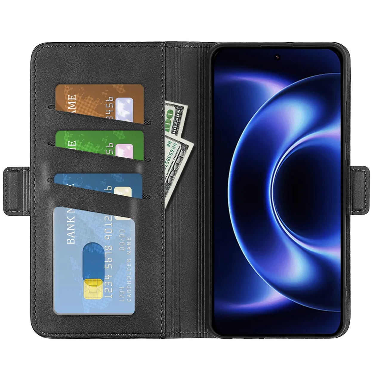 Zwarte portemonnee met telefoon, meerdere kaarten en bankbiljetten.