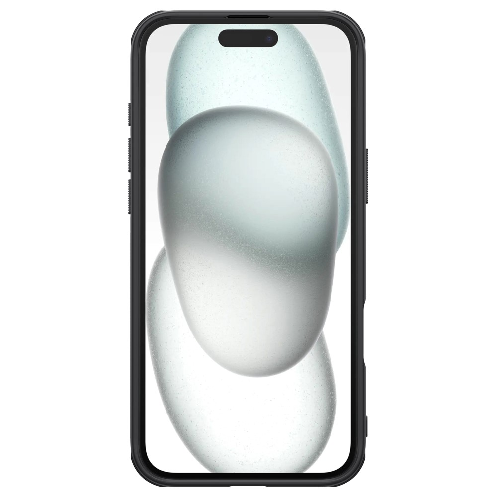 Schwarzes Smartphone mit abstraktem, milchigem Hintergrund.