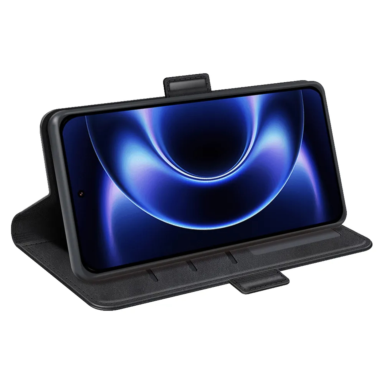 Een zwarte flipcase voor een telefoon met een telefoon die een blauwe achtergrond weergeeft.