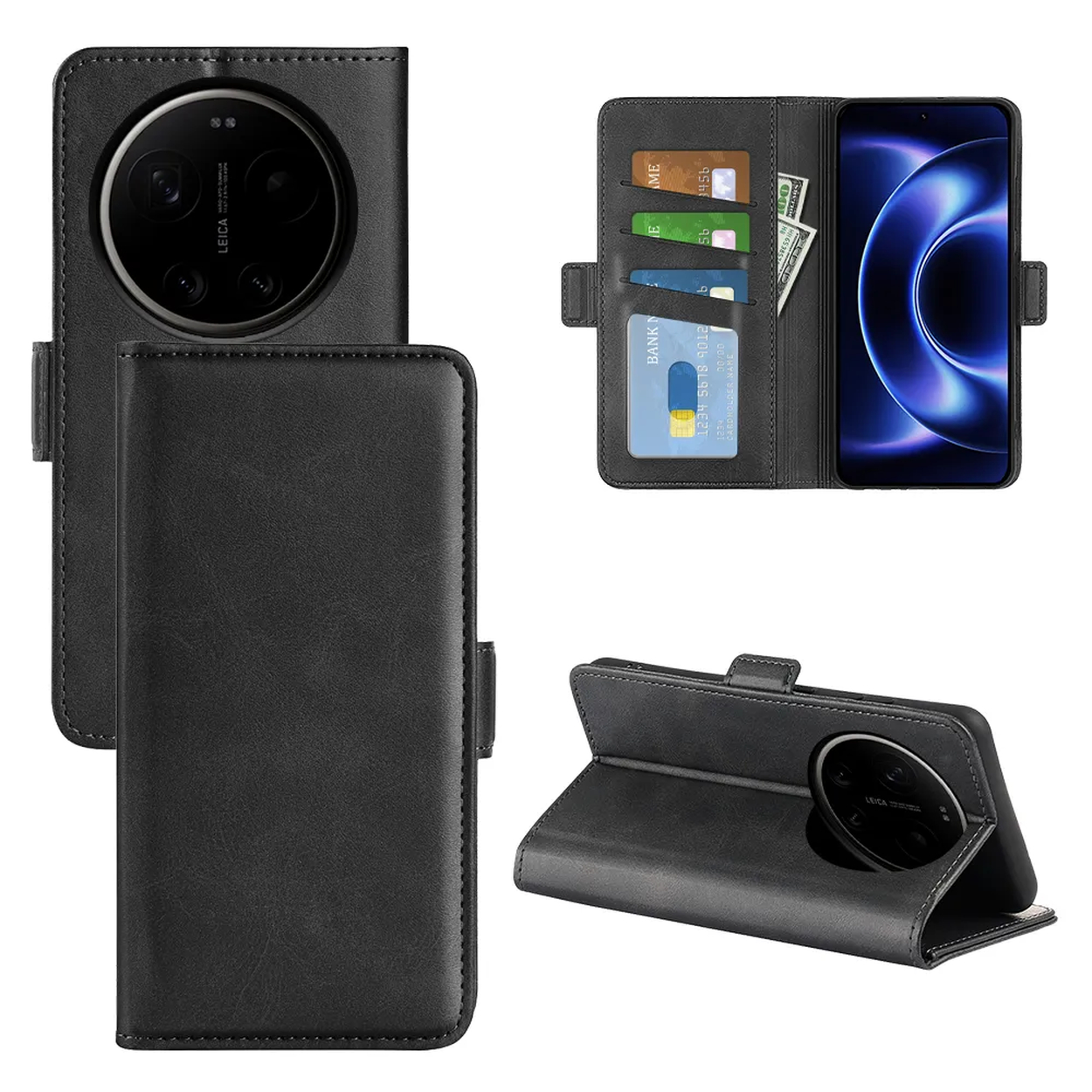 Zwart leren telefoonhoes met kaarthouders, geldvak, telefoonscherm.
