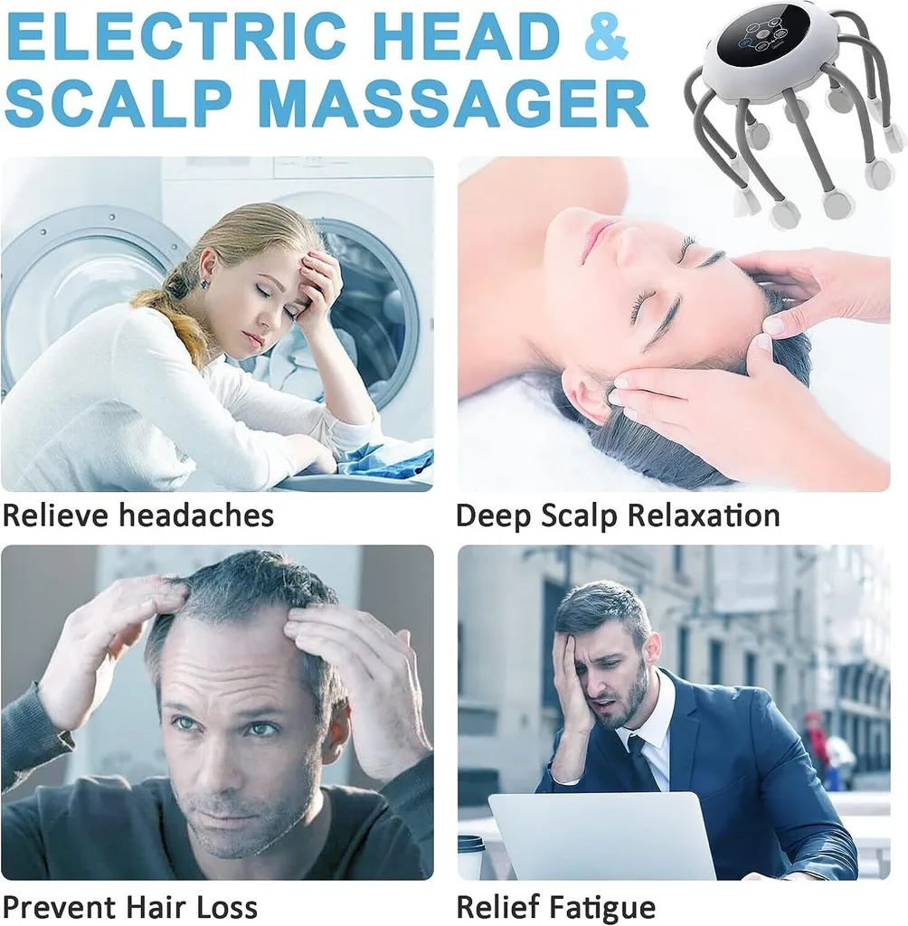 Vier Bilder zeigen Kopf- und Scalp-Massage-Vorteile.