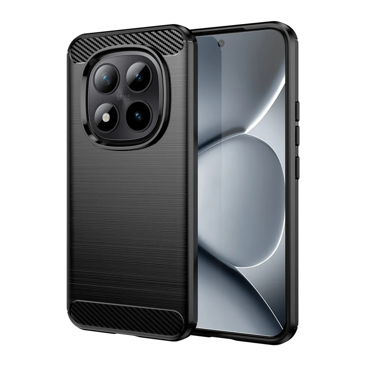 Zwarte telefoonhoes met geborstelde textuur en opening voor viervoudige camera.