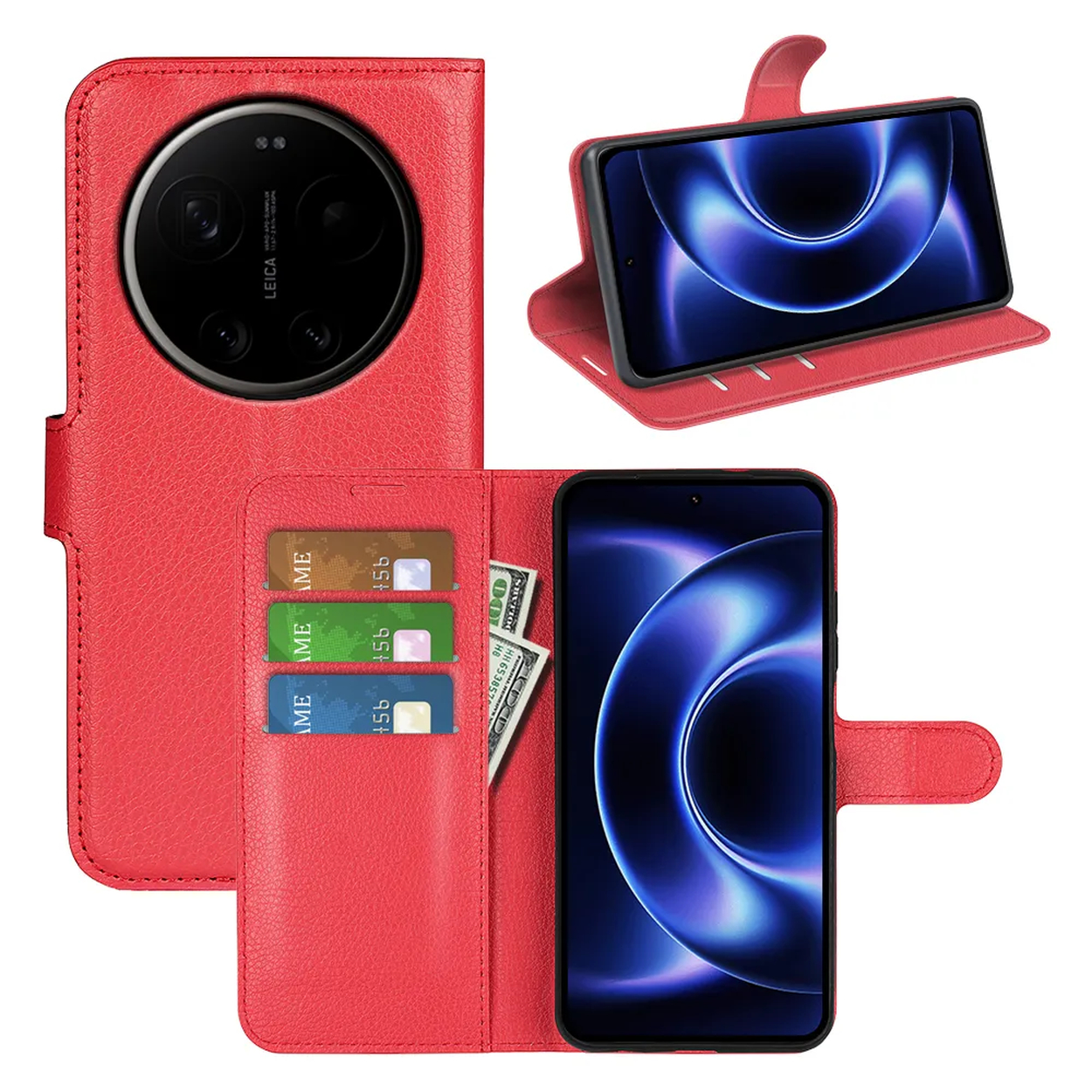 Étui à rabat en cuir rouge avec téléphone, fentes pour cartes et billets.