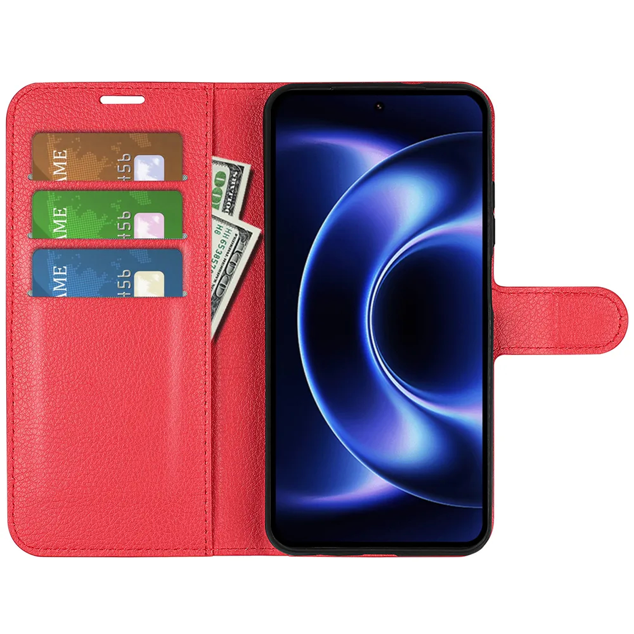 Étui de téléphone rouge avec fentes pour cartes, trois cartes et un billet.