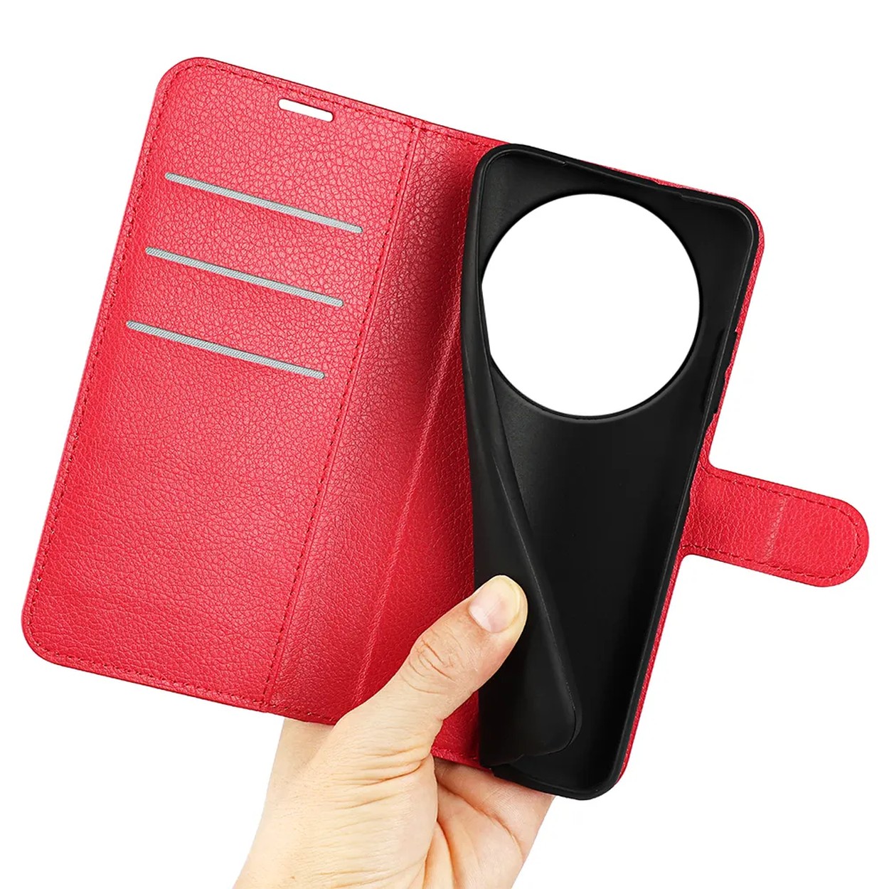 Étui portefeuille rouge en cuir avec fentes pour cartes et support noir.
