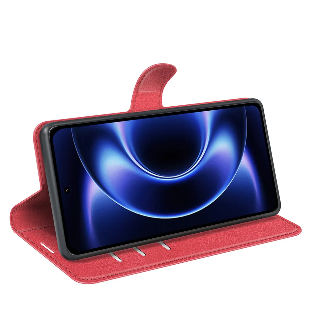 Un smartphone rouge dans un étui ouvert avec un fond d'écran bleu.