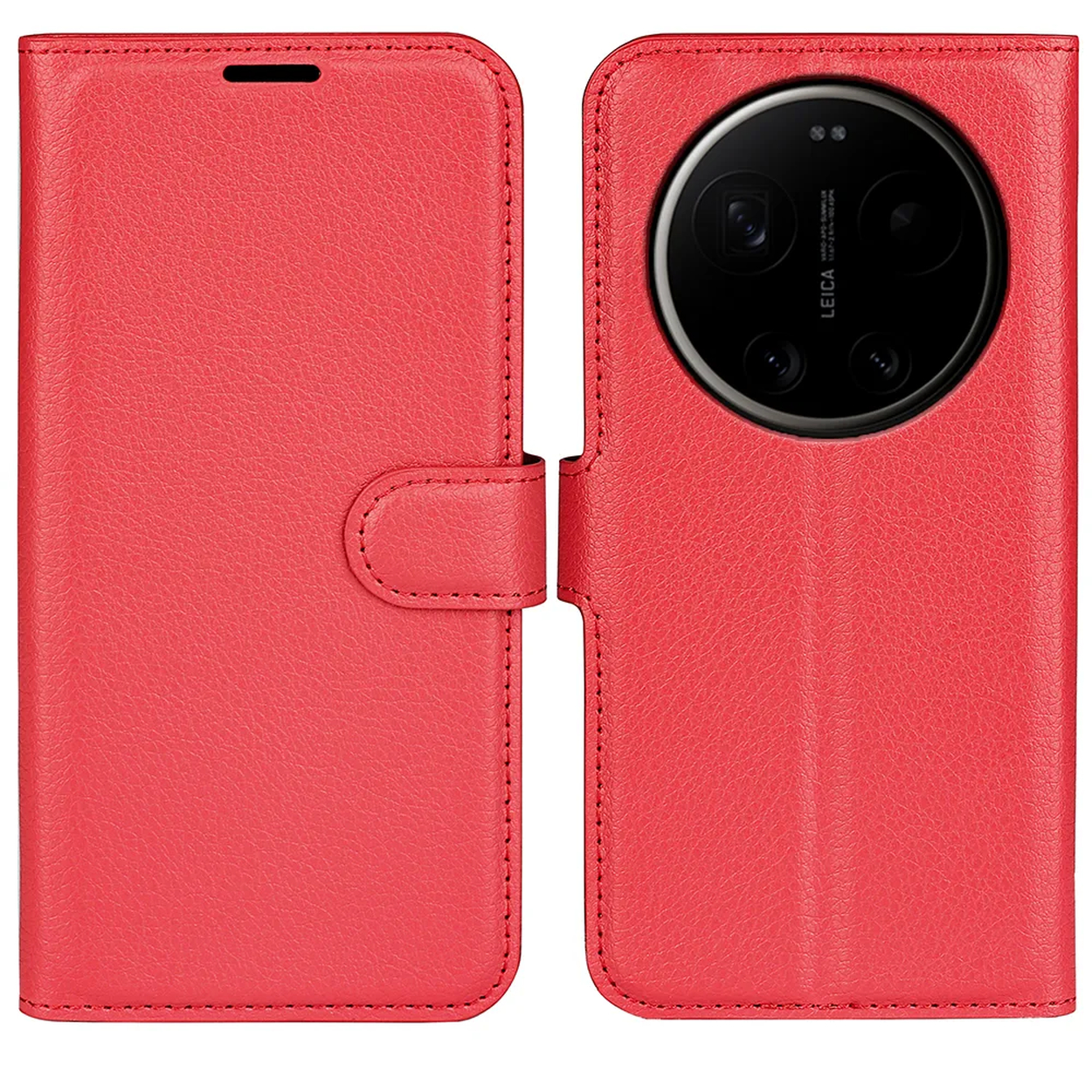 Étui de téléphone style portefeuille en cuir rouge ouvert, montrant objectif et téléphone.