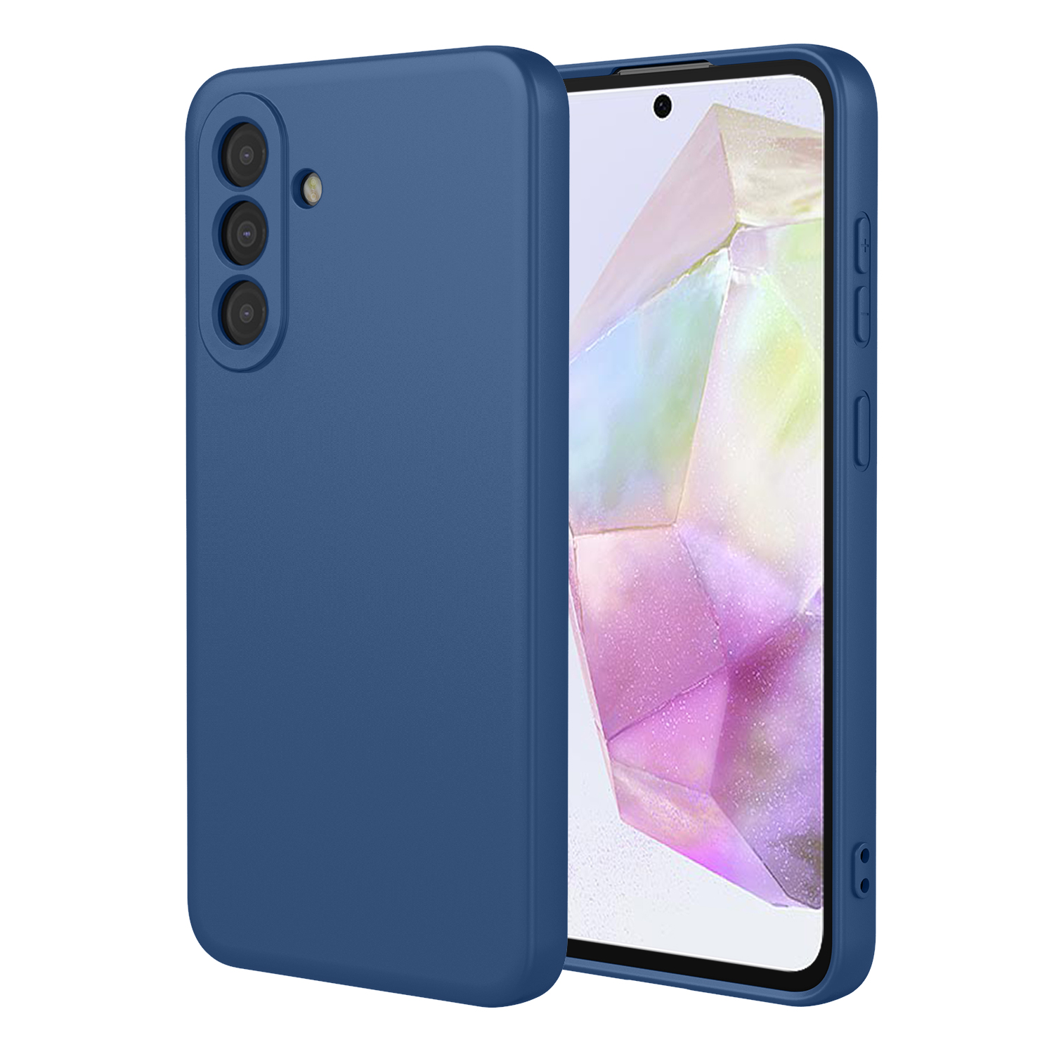 Een blauwe telefoonhoes naast een smartphone met kleurrijke achtergrond.