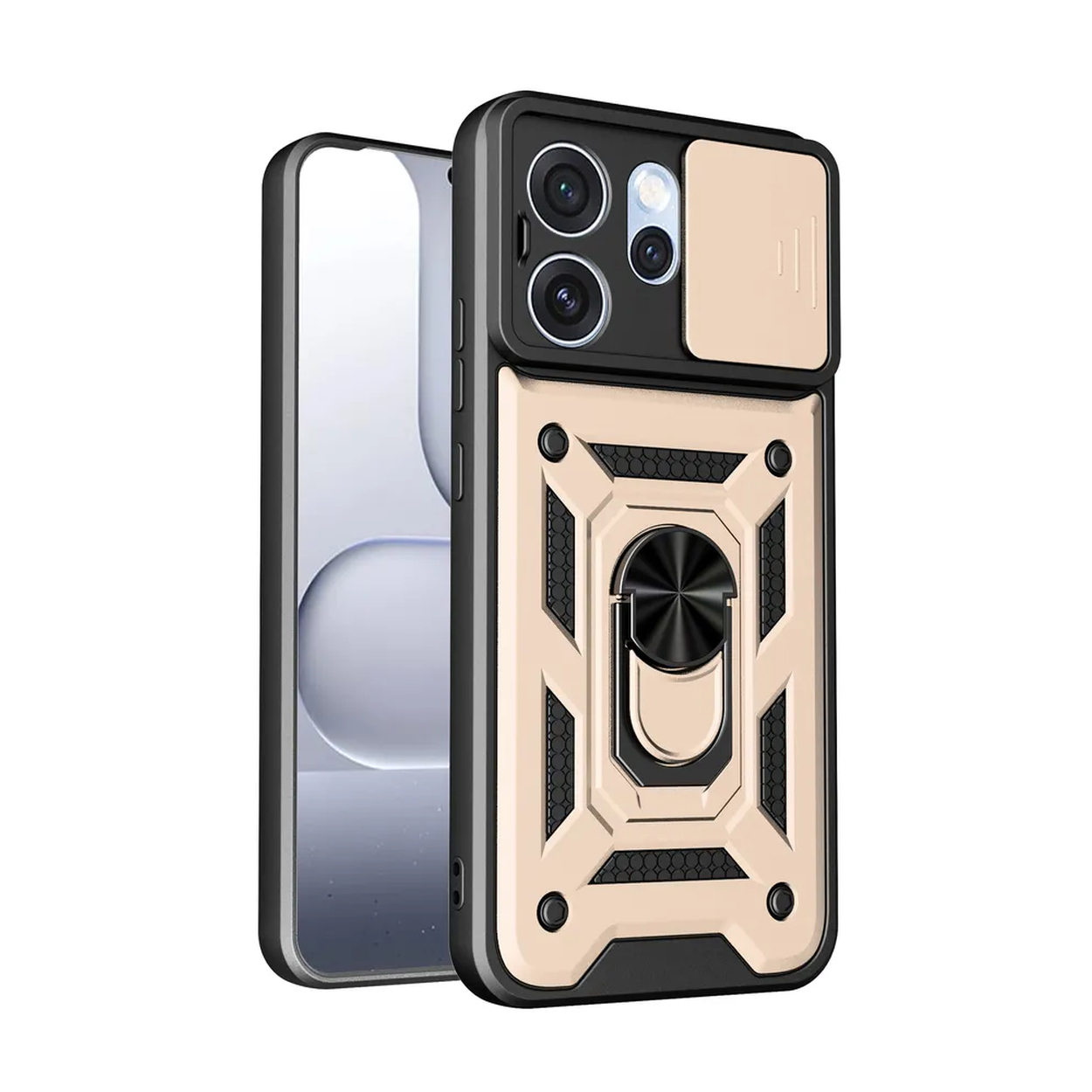 Coque de téléphone or et noir avec cache-objectif et support anneau.