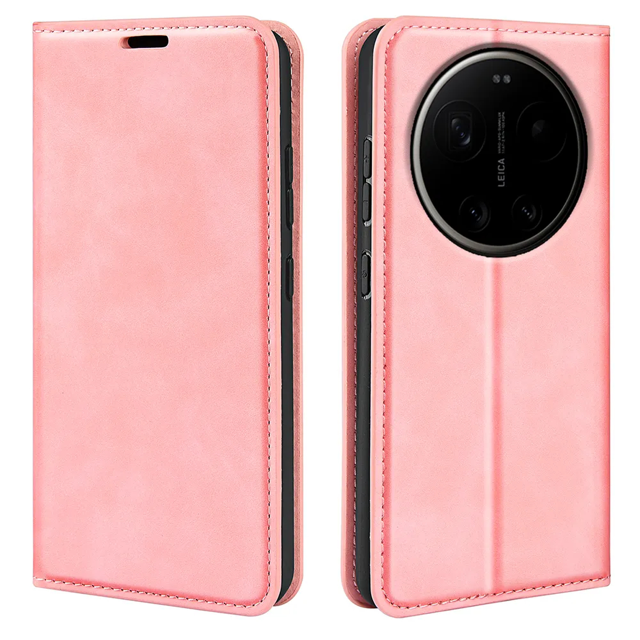 Een roze leren flip telefoonhoes met camera-uitsparing en knoppen.