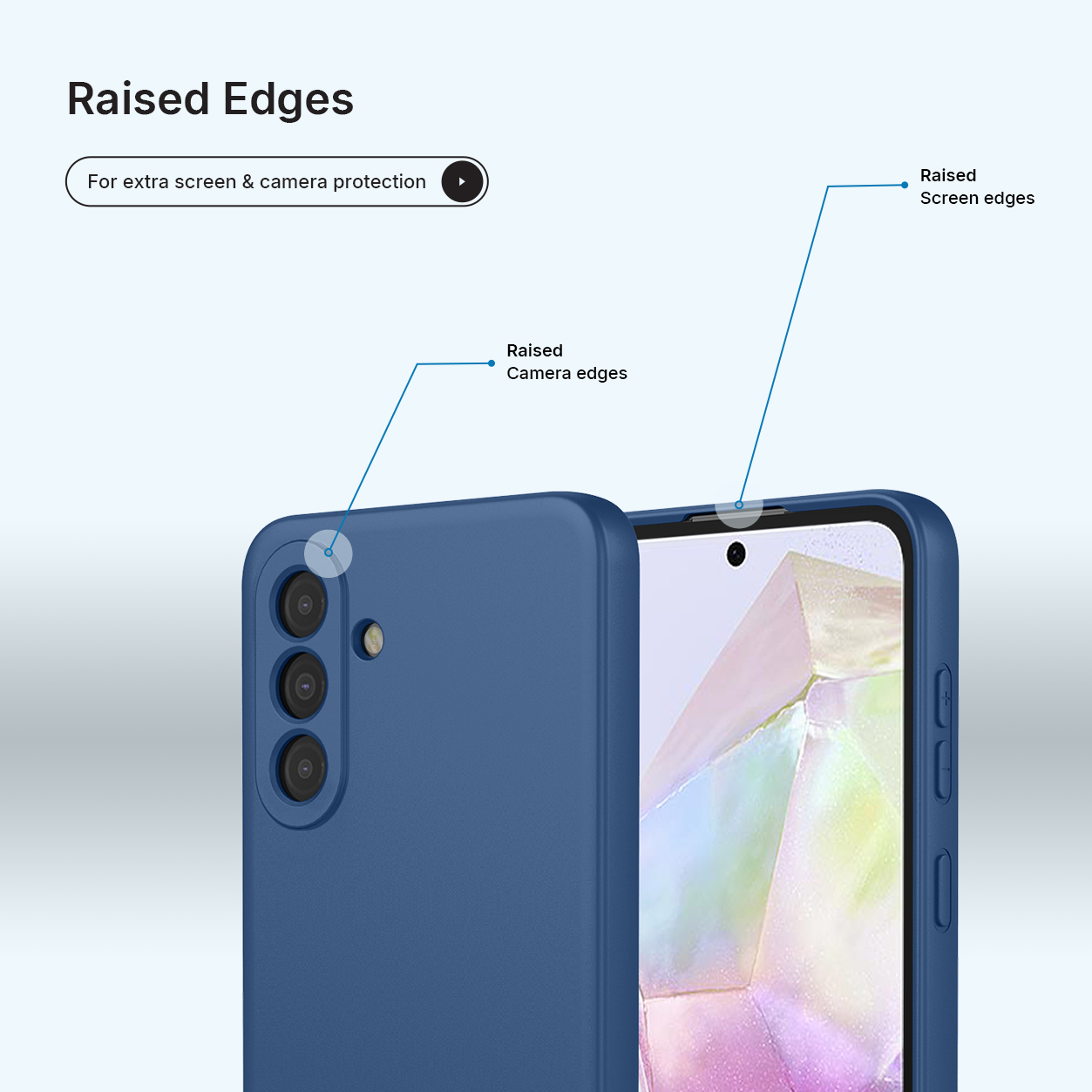 Blauw telefoonhoesje met verhoogde randen voor camera- en schermbescherming.