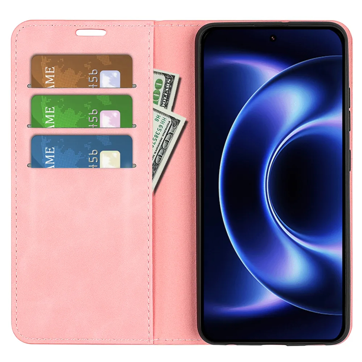 Een roze telefoonhoesje met portemonnee, drie kaartsleuven en geld erin.