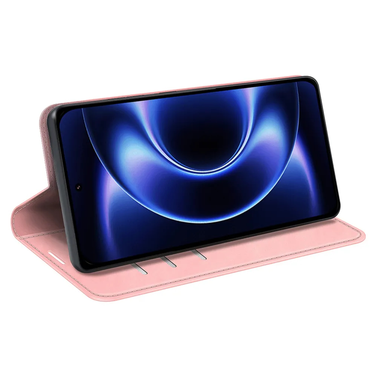 Een roze telefoonhoes met een smartphone. Het scherm toont een blauwe grafiek.