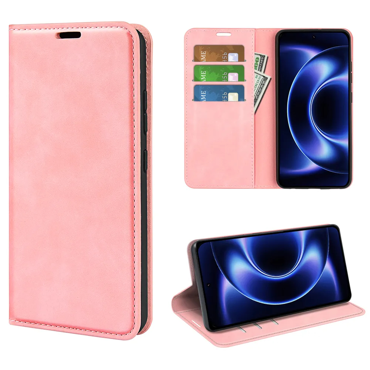 Een roze telefoonhoesje met kaartsleuven en een telefoon met blauw behang.